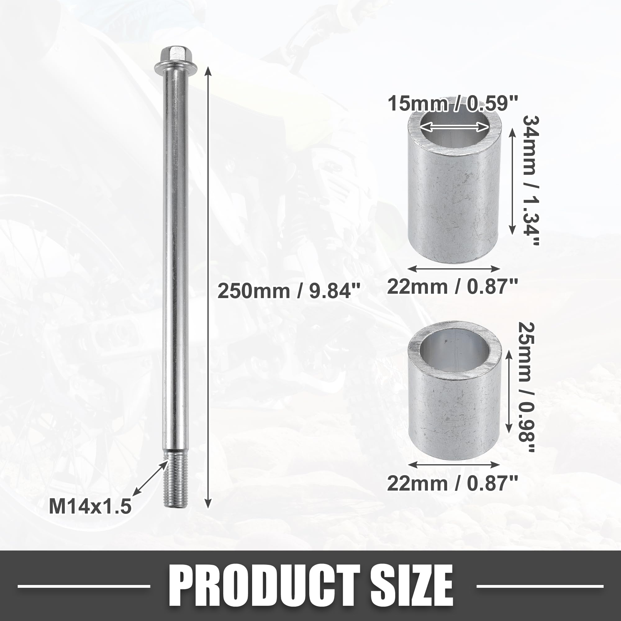 A ABSOPRO Przednia oś tylna z piastą i śrubą M14 250 mm do motocykli Cross Scooter, ATV, stalowe koło piasty ze stali stopowej srebrny odcień