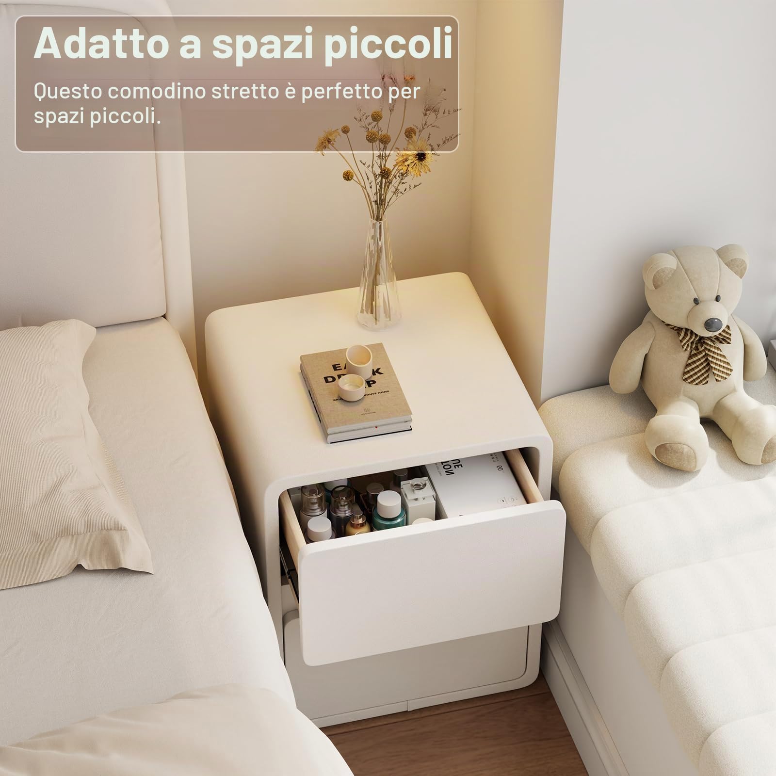 AQIMUELE Comodino Stretto, Tavolino con 2 cassetti, senza installazione, superficie in pelle, Comodino per camera da letto e soggiorno, larghezza 40 cm (Bianco)