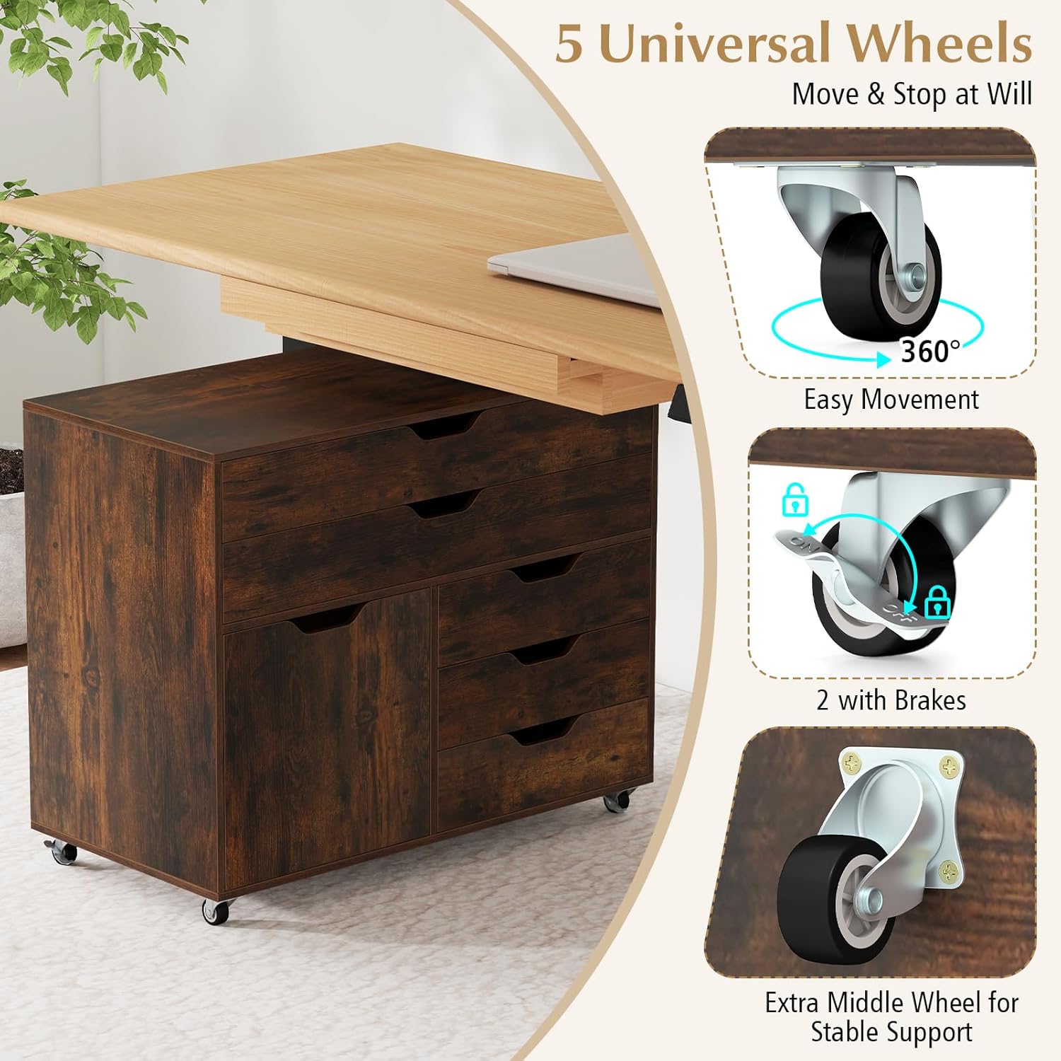 GOFLAME 5-Drawer Mobile File Cabinet, Rolling Lateral Filing Cabinet with Drawers and Storage Compartment, Modern Printer Stand with Wheels for Living Room, Study, Home Office, Rustic Brown