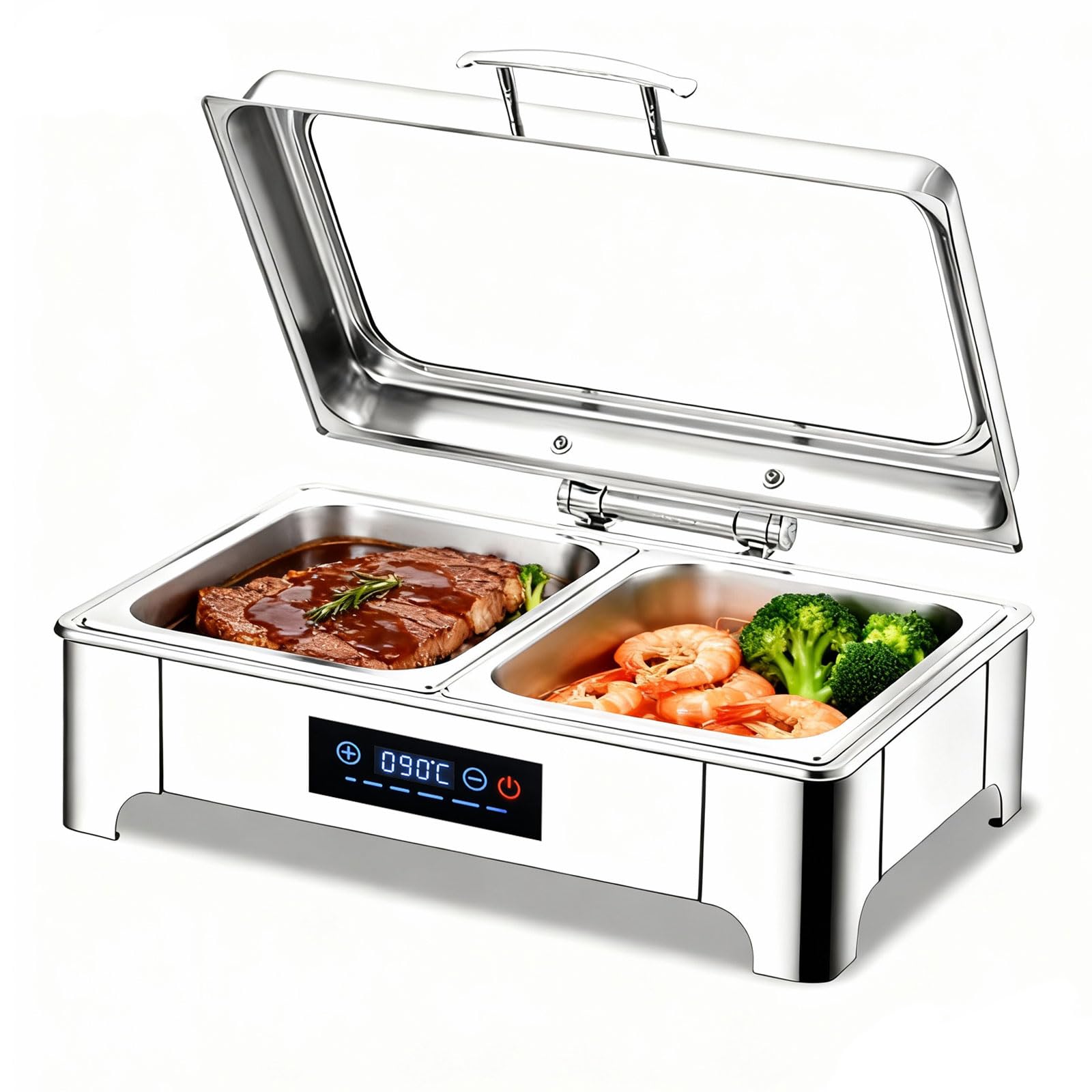 Chafing Dish Elettrico 9L, Scaldavivande Elettrico per Buffet Acciaio Inox 304, Chafing Dish Buffet con 35-90°C Temperatura Regolabile e Coperchio Visibile, per Banchetti, Feste e Eventi(1/2 Pan)