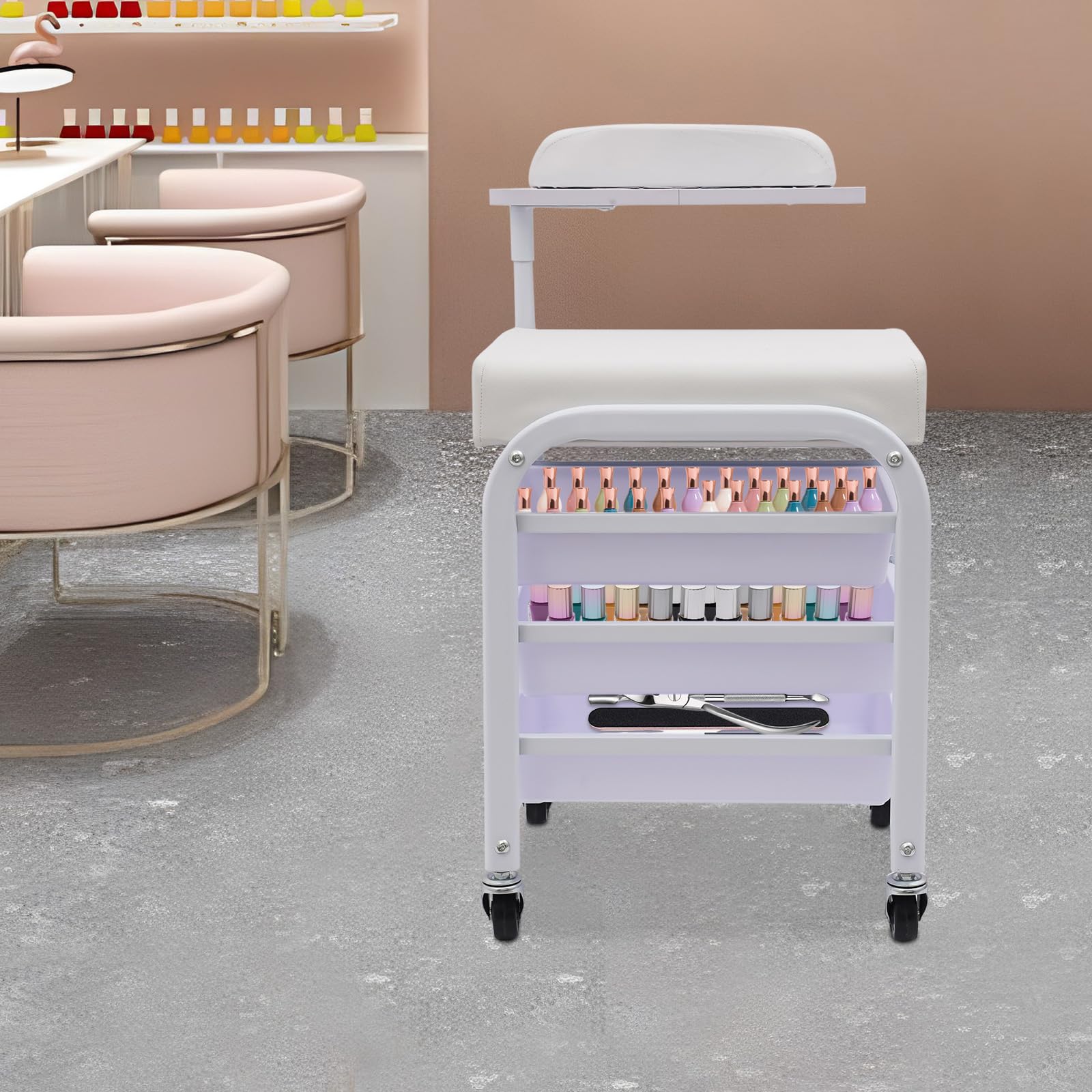 Wózek do manicure, pedicure, przenośny wózek do manicure z 3 szufladami i regulowaną tacą, do kąpieli stóp, SPA, na kółkach, biały