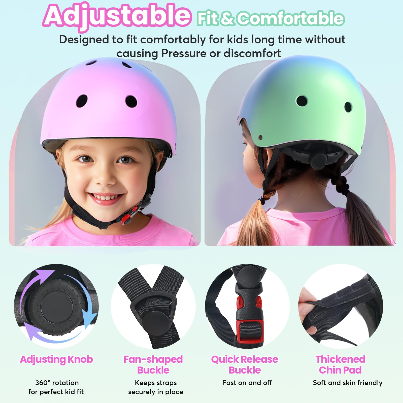LANOVAGEAR Kask dziecięcy z ochraniaczami na kolana, ochraniacze na łokcie, nadgarstki, zestaw ochraniaczy, kask dziecięcy 7 w 1, do jazdy na deskorolce, rowerze, skuterze, deskorolce, deskorolce