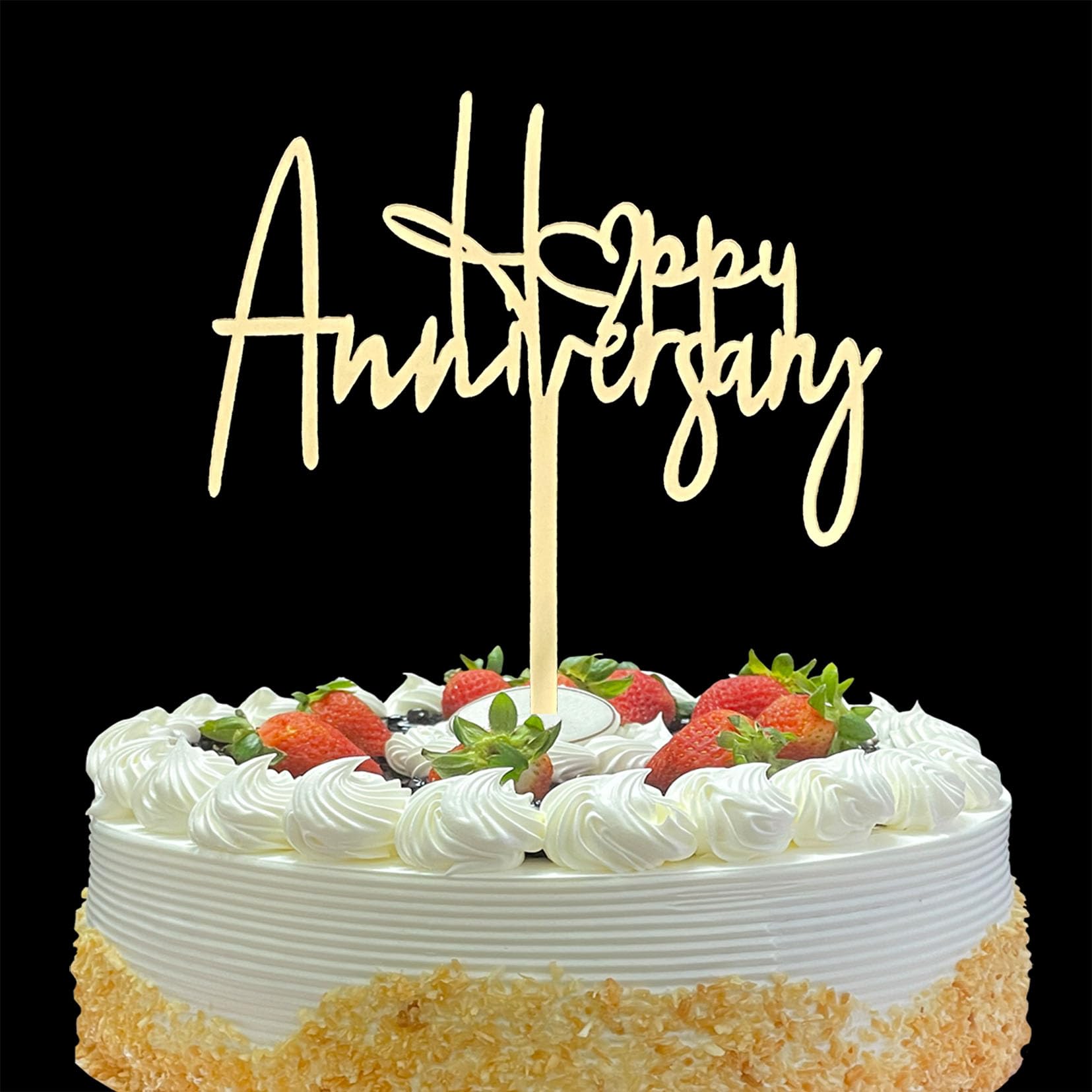 OIXCMNJQ Happy Anniversary Cake Topper, Mirror Gold Acrylic, 4.8 x 4.9 Inches, 1 Count, Perfect for Wedding & Birthday Occasions
