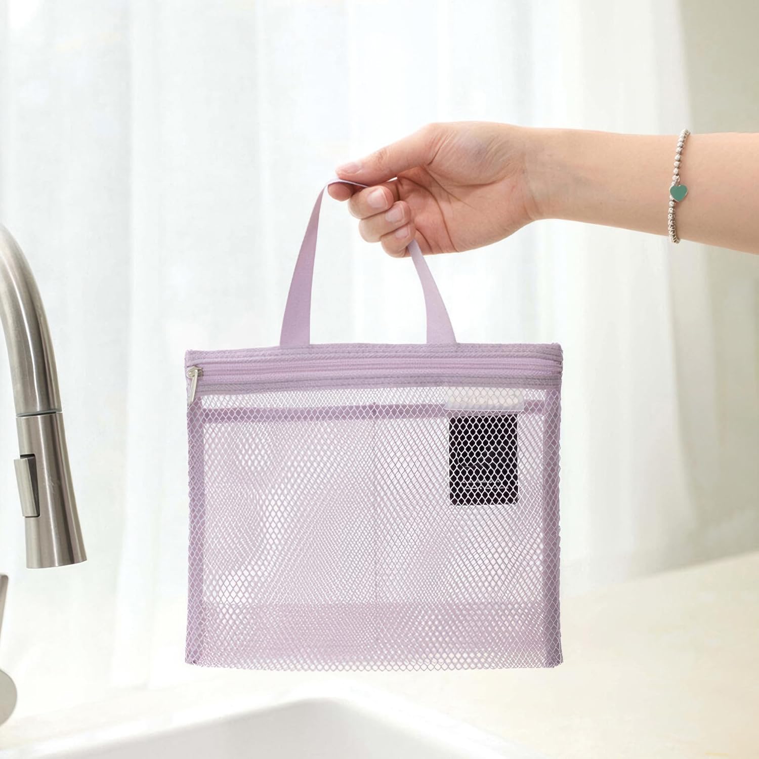 Mesh Hanging Shower Organizer for Bathroom Portable Shower Caddy with Zipper Storage Bag for Travel Beach Camping Gym