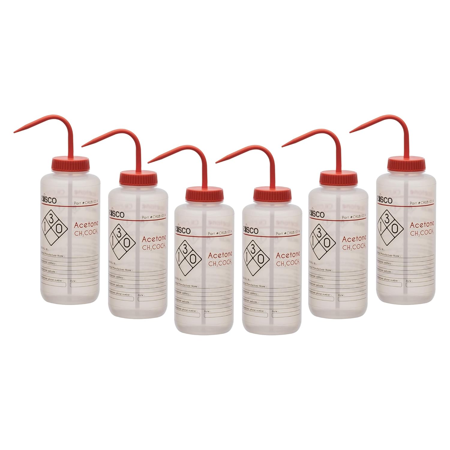 Wash Bottle for Acetone, 500ml - Labeled with Color Coded Chemical & Safety Information (4 Colors) - Wide Mouth, Self Venting, Low Density Polyethylene - Eisco Labs: Industrial & Scientific