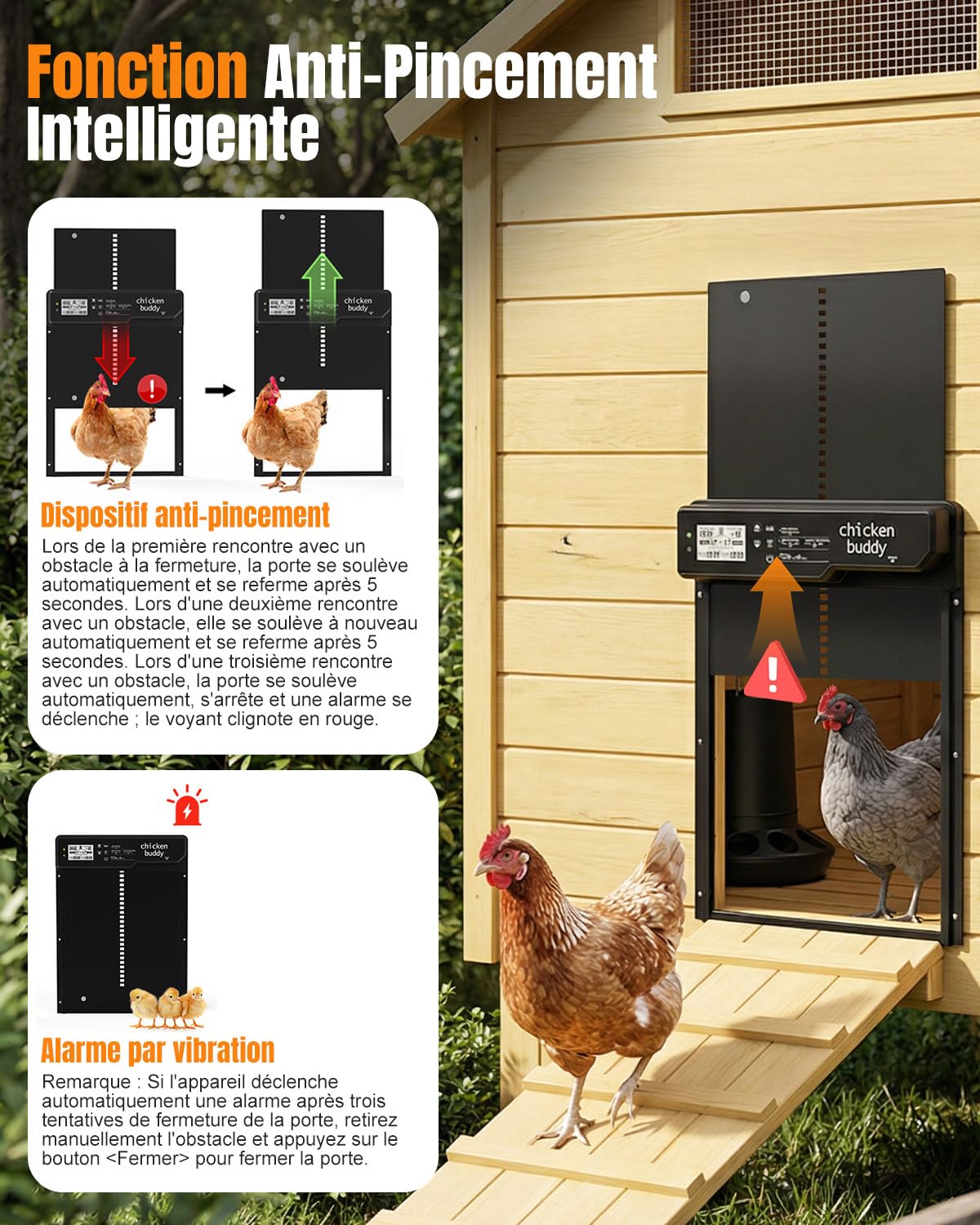 Grande Porte Automatique Poulailler Solaire en Alliage d’Aluminium, avec Télécommande, Capteur de Lumière, Minuterie, Sécurité Anti-Pincement, IP65 Étanche, Chargement Solaire ou Batterie, Écran LCD