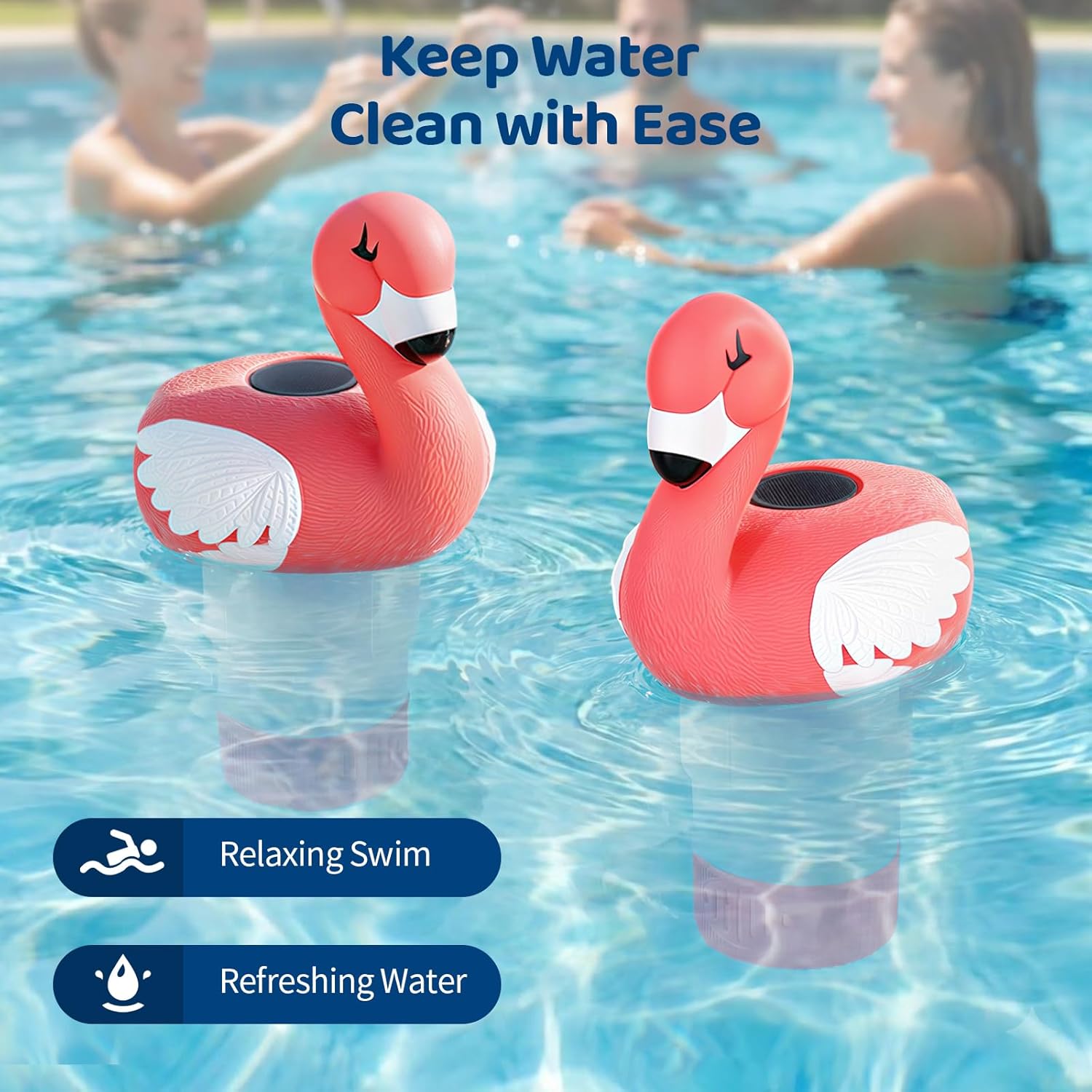 Housolution Solar Pool Chlorine Floater, Floating Chlorine Dispenser with Light, Fits 4x3in Tablets, Adjustable Release, Easy Opening & Anti-Sinking, Tablet Floater for Pool Hot Tub SPA, Flamingo