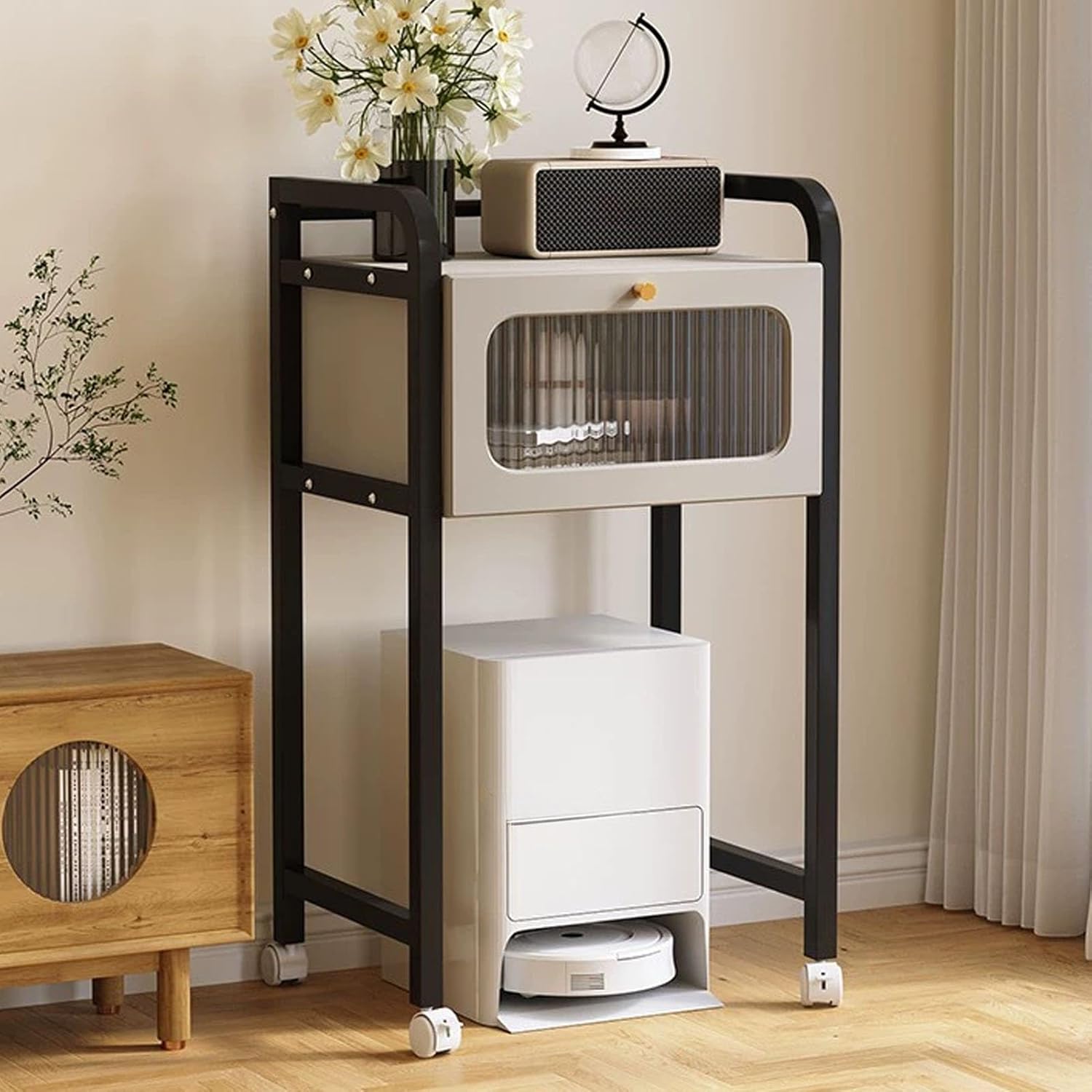 JKGHK Sweeping Robot Storage Stand Rack, Robot Vacuum Cleaner Storage Rack with Drawer, Robots Vacuum Cleaner Storages Shelf with Pulleys for Living Room, Bathroom(Gray)