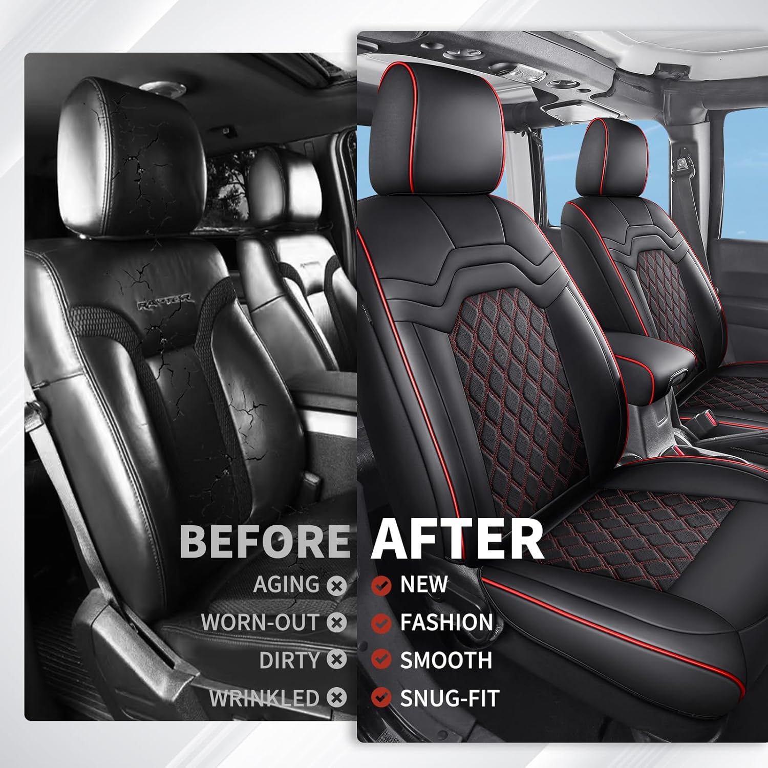 Huidasource Seat Covers for Jeep Wrangler JL 2018-2025, Cupholder Compatible, Waterproof Leather Seat Cover Full Set for Jeep Wrangler JL 4-Door, Custom Fit Seat Cushion Covers (Full Set/Black&Red)