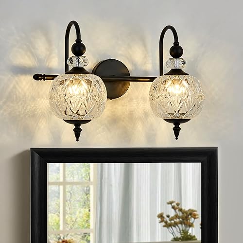 Lámpara de baño vintage negra con pantalla de globo de cristal, 2 luces de mediados de siglo, bombilla G9, aplique de pared para interiores, espejo