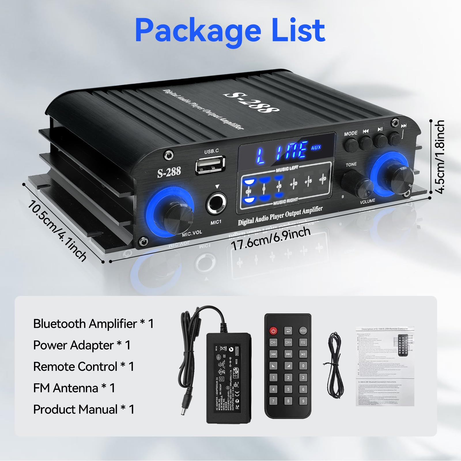 Ricevitori stereo a 4 canali Amplificatore audio domestico Bluetooth 5.0, RMS 50Wx4 Max 1200W HiFi amplificatore di potenza, USB/SD/FM, ricevitore audio domestico di classe D per Home Theate