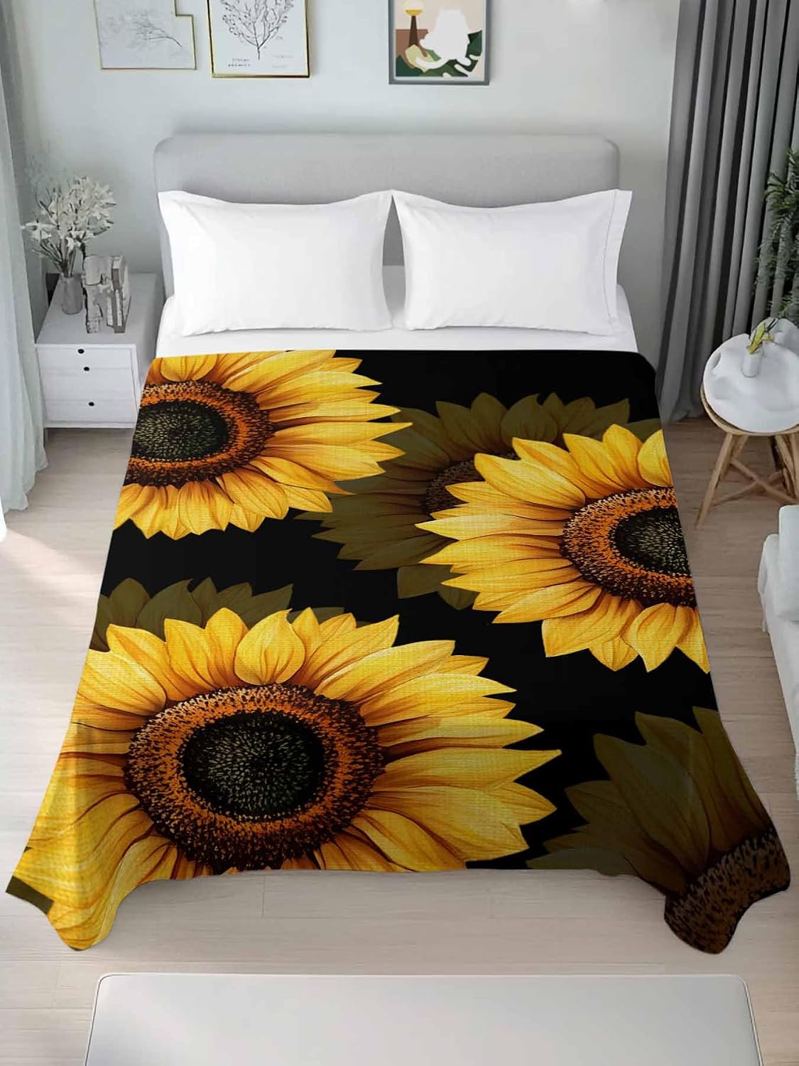 Full Flat Sheet Only Bedding Flat Sheet, Rustic Watercolor Sunflower on Black Microfiber Breathable Top Sheets, Farmhouse Floral Art Soft Bed Sheets for Bedroom Living Room Sofa