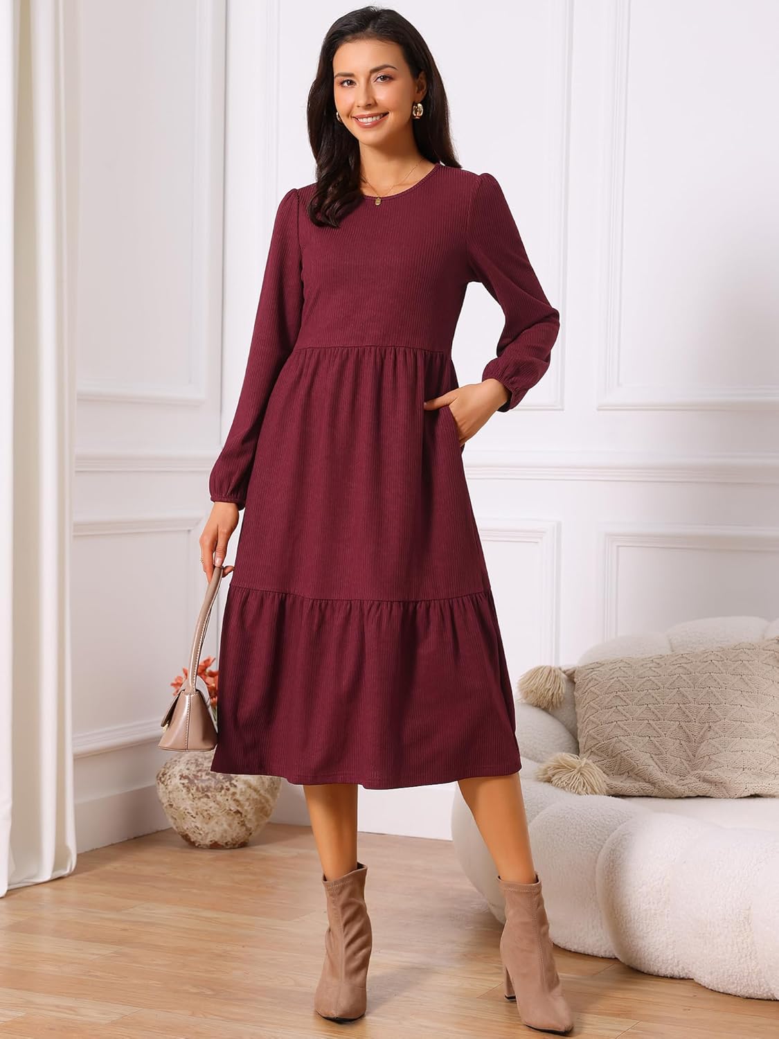 Seta T Women's Tiered Dresses Long Sleeve Round Neck Knit A-Line Casual Midi Dress with Pockets - Image 2