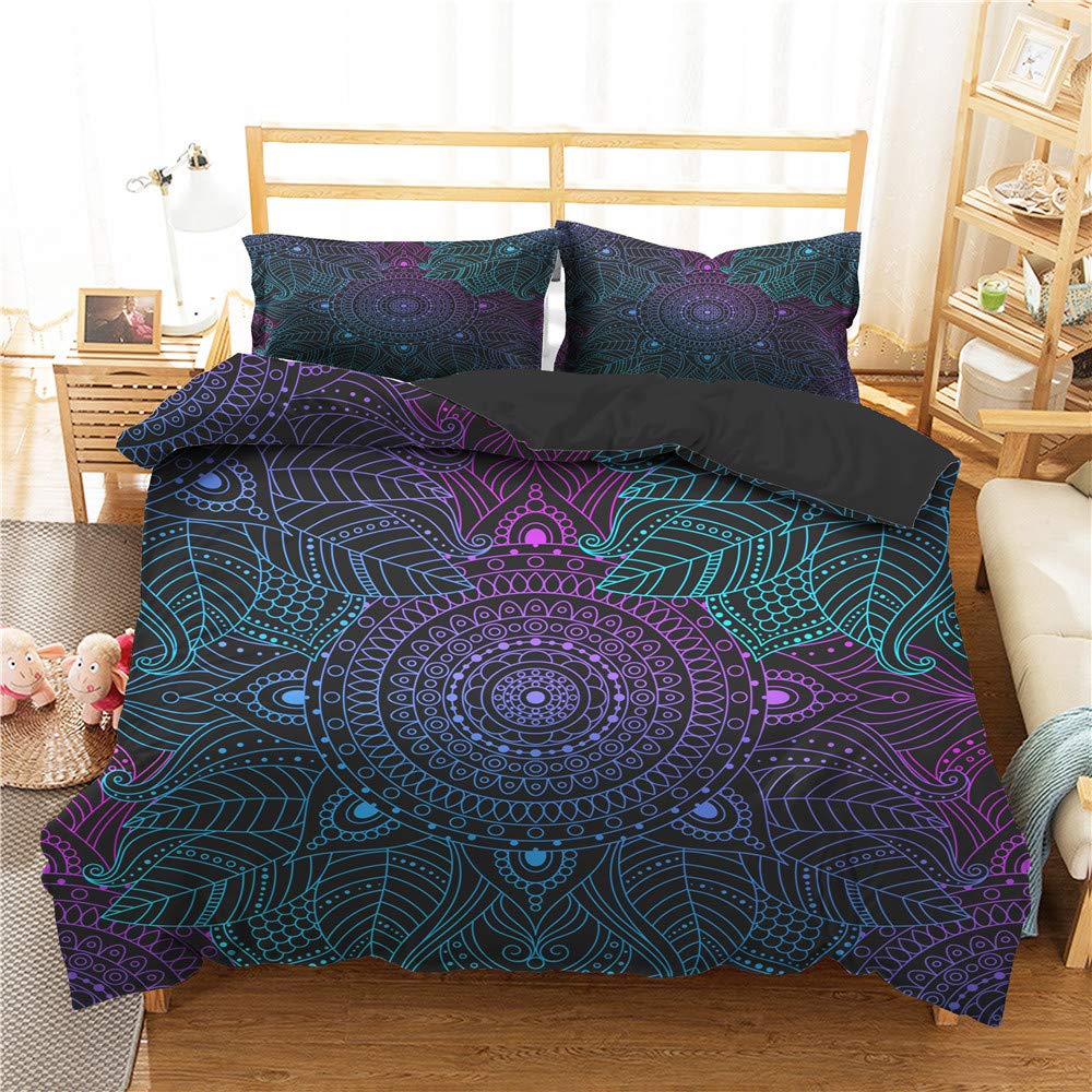 Parure de lit mandala noir 220x240cm 4 pièces en microfibre exotique