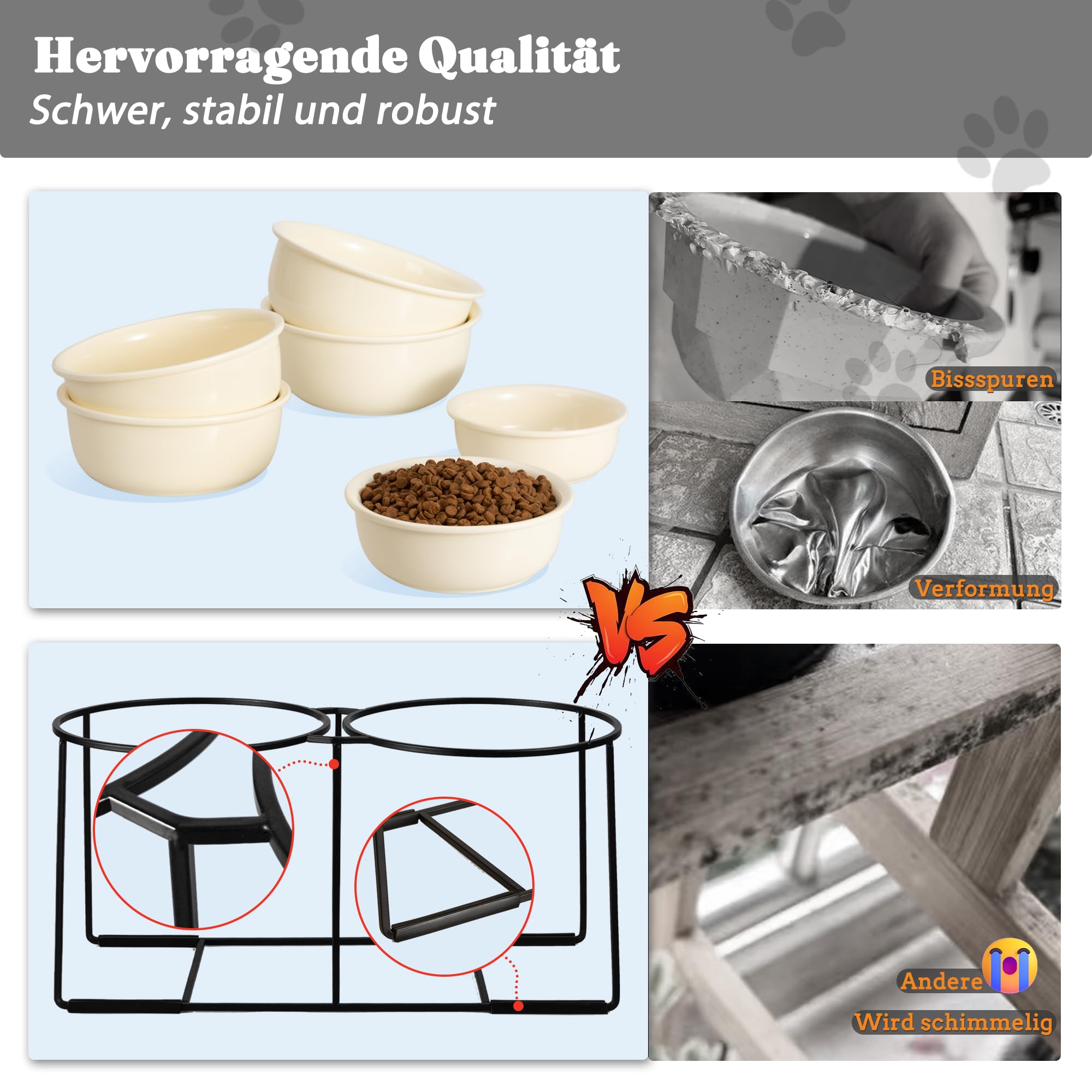 Hundenapf Set Erhöht Hundenäpfe Keramik - Doppel Fressnapf Hund Groß mit Rutschfestem Metallständer - Hunde Napfset für Futter Wasser - Ideal für Mittelgroße und Große Hunde - 2 x 1400 ml - Beige