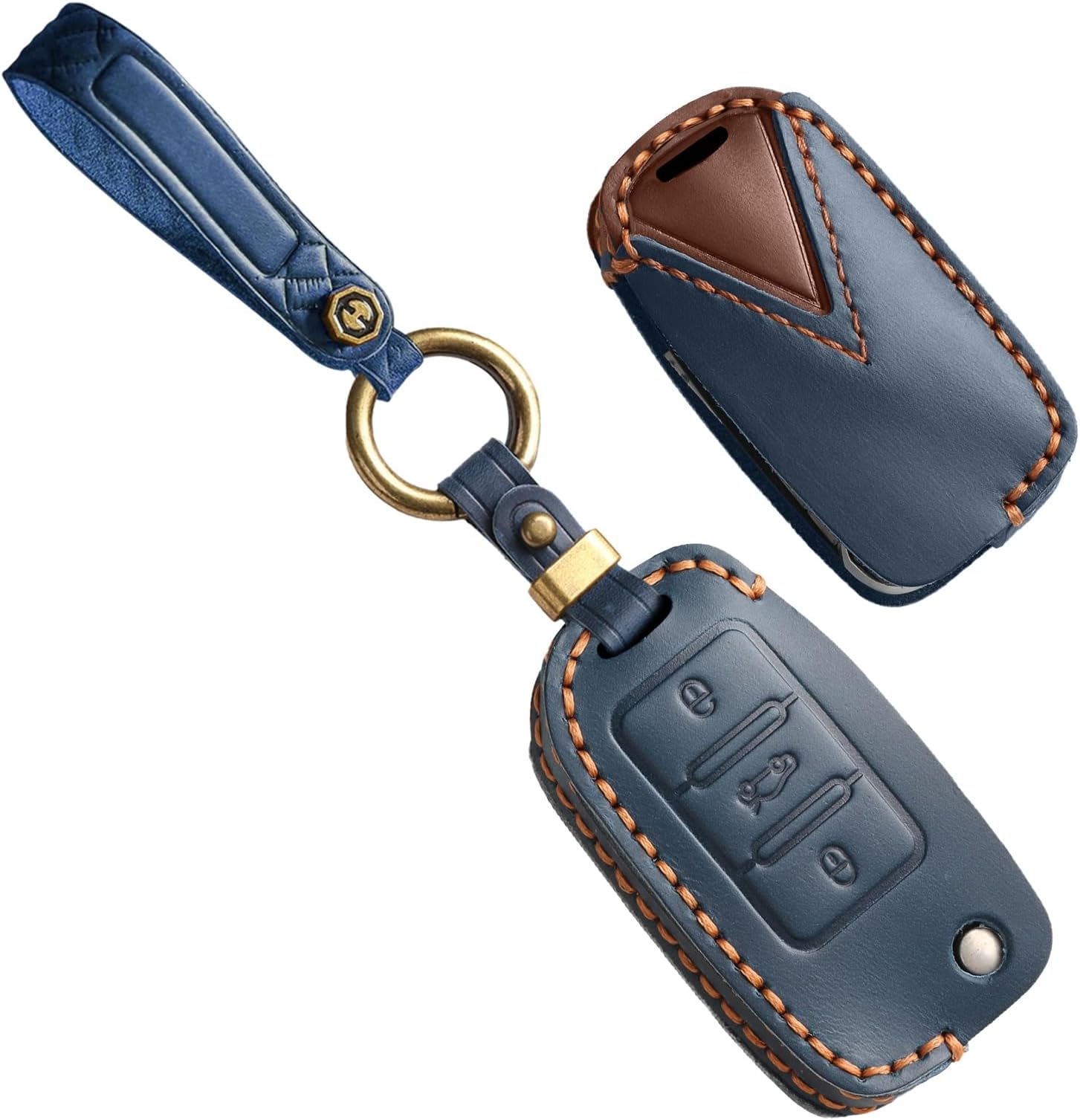 Remote Control Car Key Case Compatible with Volkswagen Jetta Caddy Eos GTI Passat Golf Polo Tiguan Touareg Beetle Multivan Sagitar Cowhide Leather Key Shell Bag Keyring 3 Buttons-B2 Blue