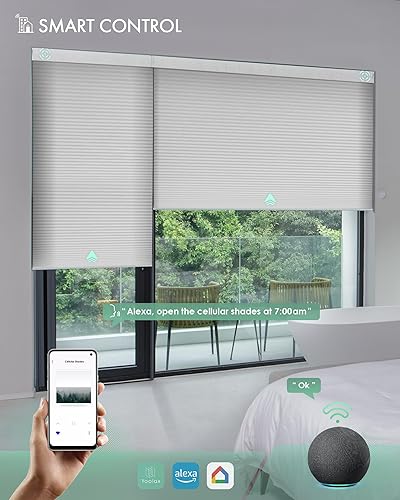 Miniatura 14 de Yoolax Persianas celulares motorizadas compatibles con Alexa, persianas motorizadas opacas inteligentes de panal para ventanas, persianas Color gris