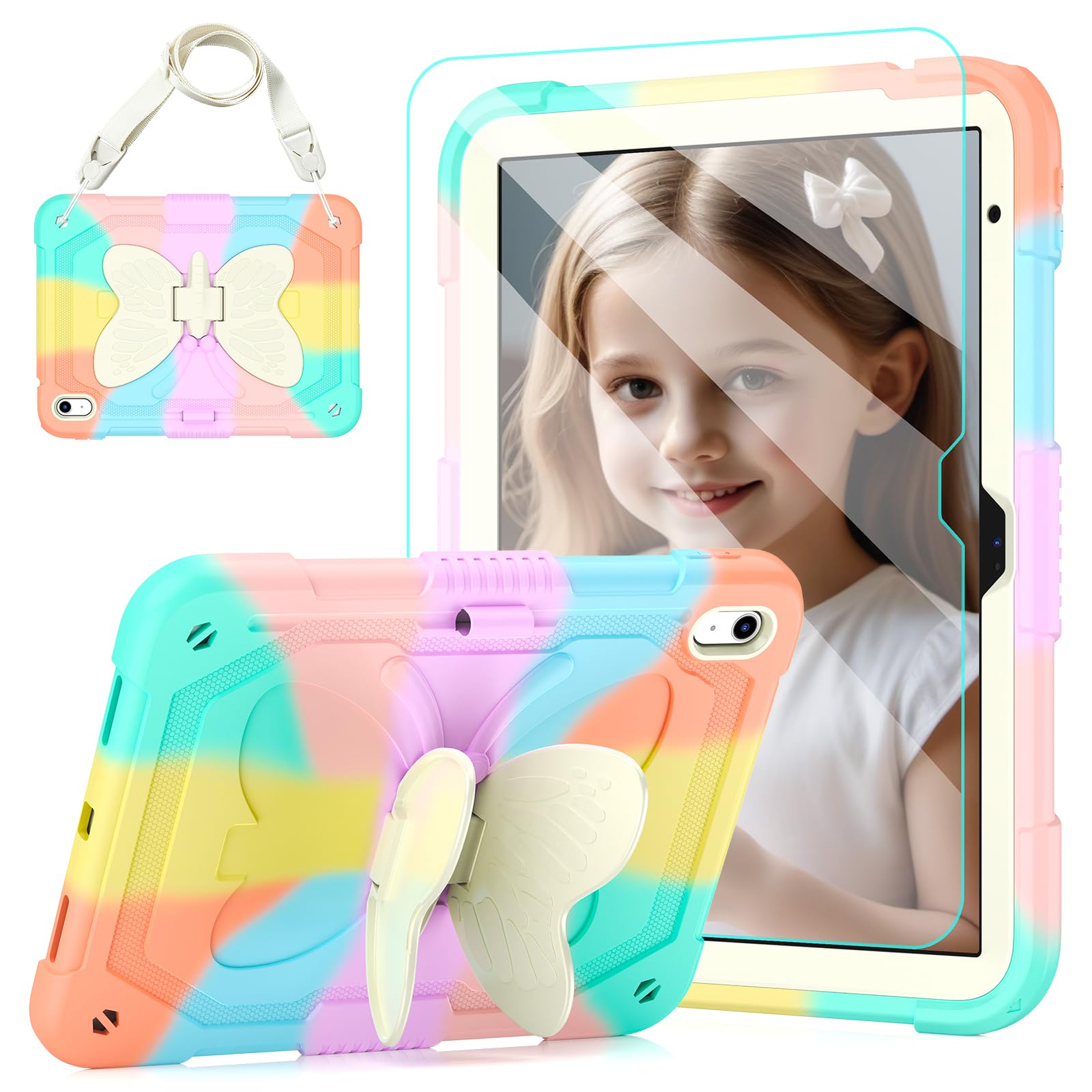 Photo 1 of ***DAMAGED - SEE NOTES/PICTURES***AOKOZZY Kids Shockproof Case for iPad A16 11th Gen 2025 & 10th Gen 2022, with Screen Protector, 10ft Drop Tested, Butterfly Kickstand, Shoulder Strap, Pencil Holder, 11"/10.9", Rainbow Design