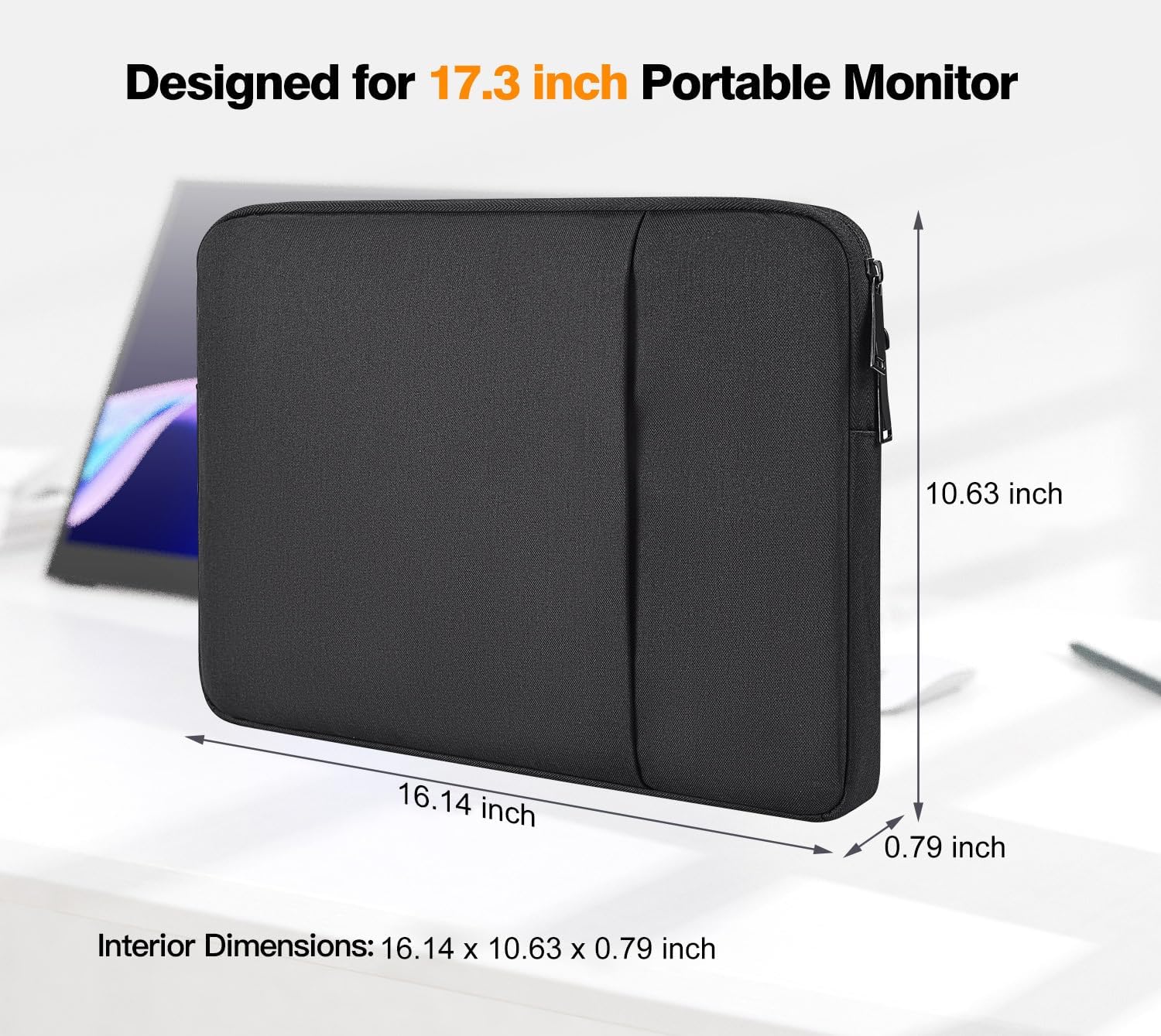 Portable Monitor Sleeve 17.3 inch, Padded Shockproof Carry Case for Most 17.3" Portable Display Monitors, Water-Resistant Laptop Bag Cover with Accessory Pocket -Black - Image 2