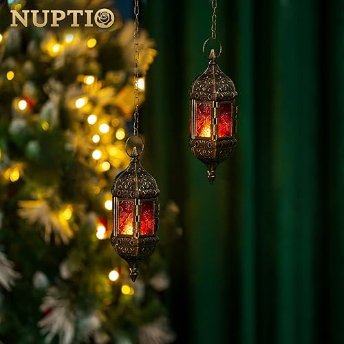 Miniatura 9 de Portavelas marroquíes decorativos hexagonales colgantes, hecho a mano, colgante de té en metal marrón, vidrio rojo y morado, artículos de regalo y