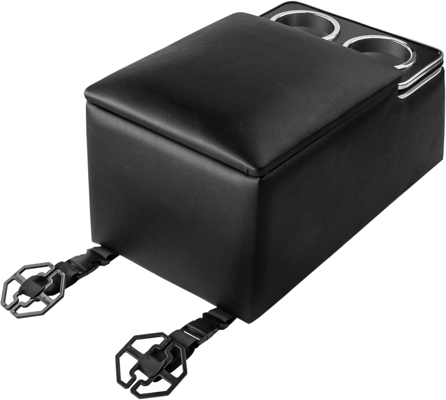 NVS Universal Contractor Truck Center Console Heavy-Duty Bench Seat Organizer with Cup Holders, Padded Armrest Lid & Work Truck Storage - Black