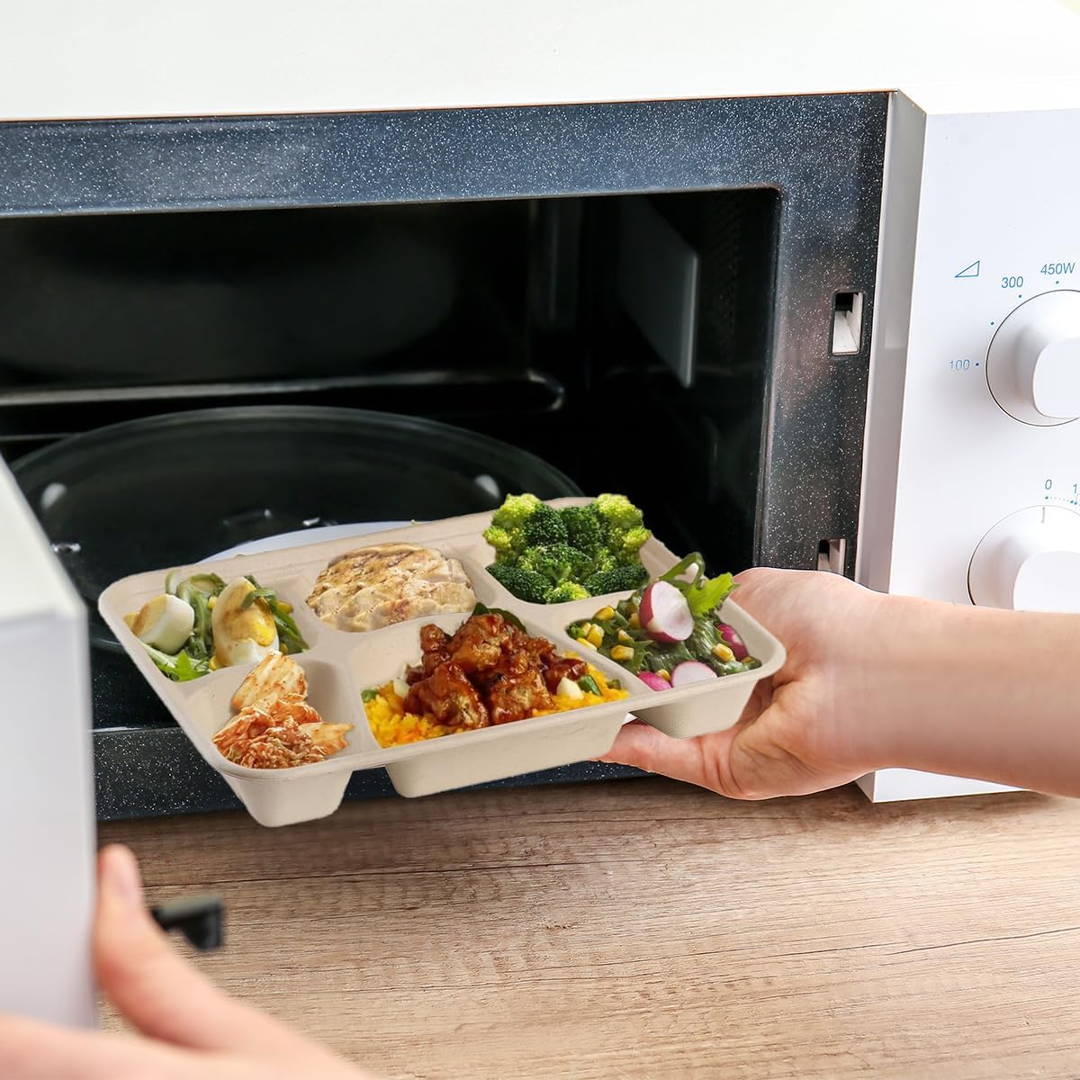 50 Pack Heavy-Duty Compostable Trays 6 Compartment Plates Disposable 6-Section Bagasse Plates for School, Party & Catering (11"x8" Eco-Friendly, Microwave/Freezer Safe)