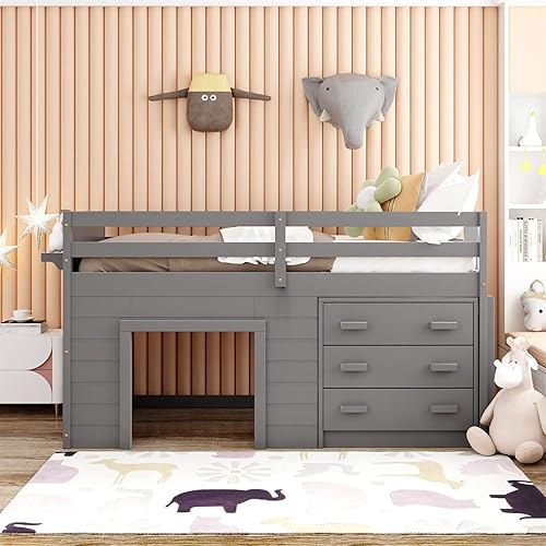 Bellemave Low Loft Beds with 3 Drawers Twin Loft Bed Frame with Cabinet and Bedside Tray Wood Farmhouse Loft Bed for Kids Girls Boys Teens, Gray