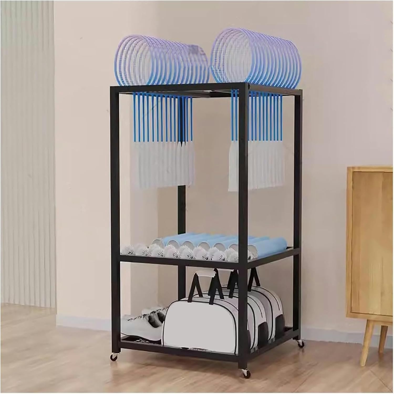 Rolling Tennis Racket Storage Cart Badminton Racquets Display Stand Holder, Commercial Heavy Duty Multi-Layer Racquet/Balls Organizer Rack with Wheels