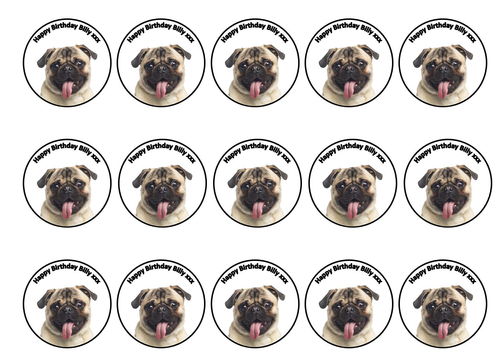 Pug Dog Puppy Cupcake Icing, Wafer or Wafer Card 15 x 2 inch Toppers Personalised (Icing)