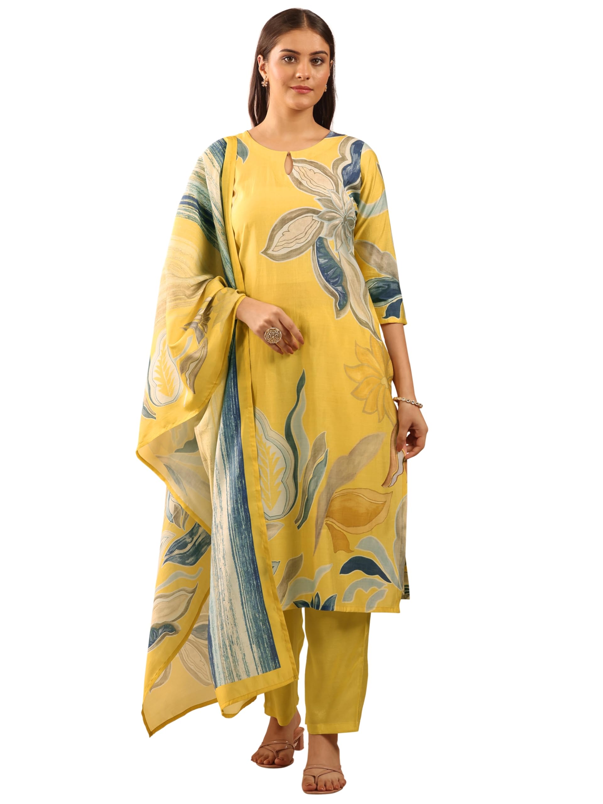 Printed Silk Blend Straight Kurta with Trousers and Dupatta-image-42
