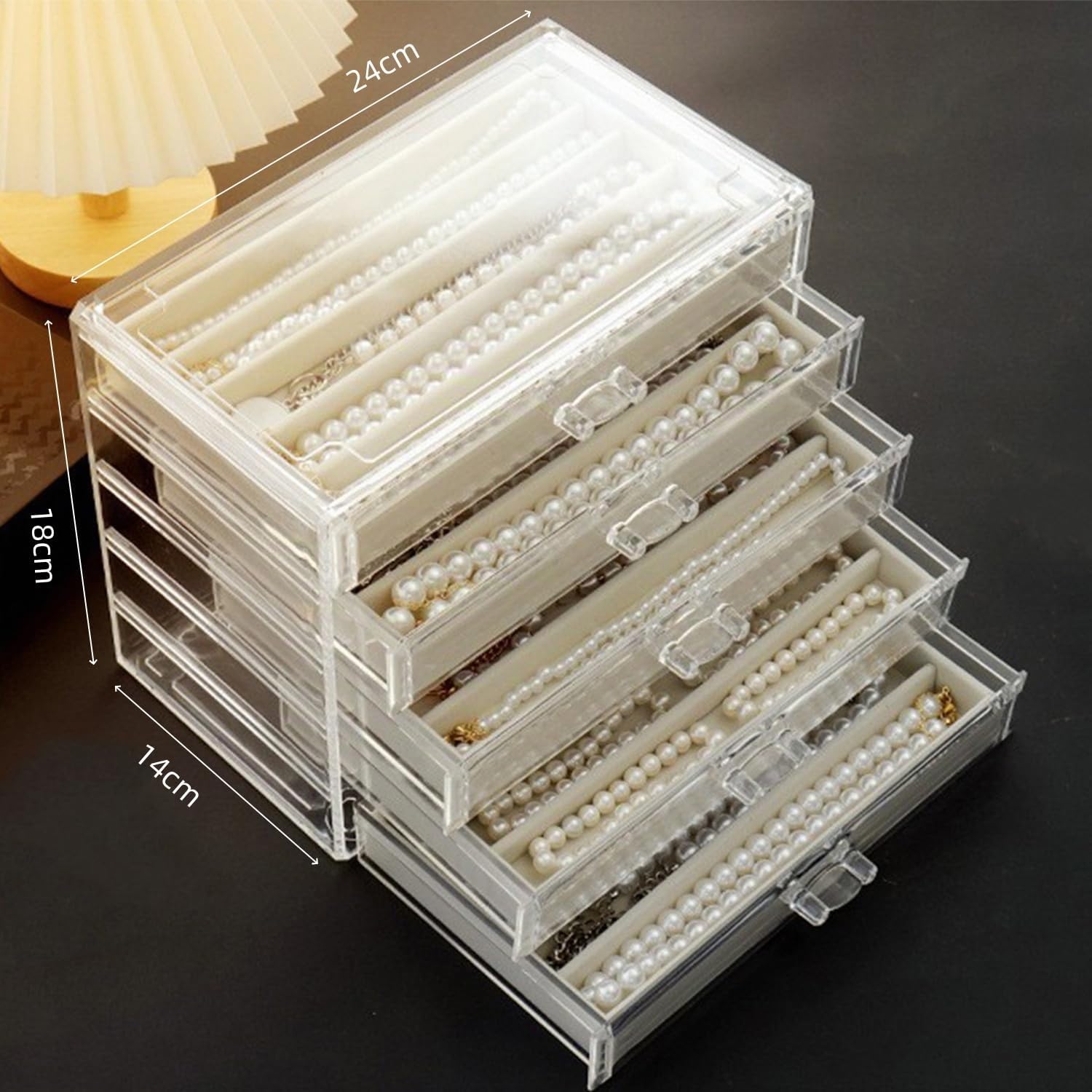 Halskette Aufbewahrungsbox, Acryl Halskette Veranstalter Box mit Samt Tablett, staubdicht Halsketten Halter Display Case für Frauen und Mädchen (Beige, 5 Drawers)