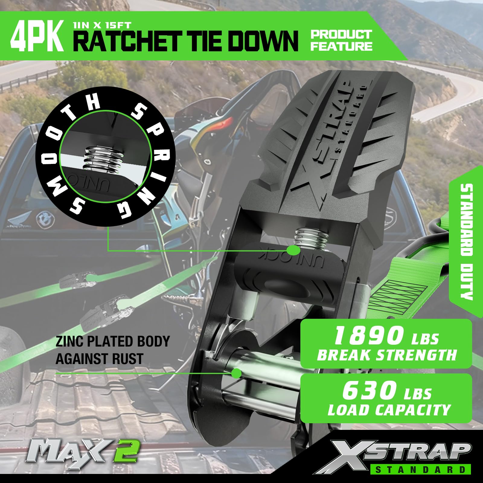 XSTRAP Standard Ratschenspanngurte, 4 Stück, 1 Zoll x 15 Fuß, 600 lbs, 1800 lbs, Ladungsgurte mit gepolsterten Griffen und beschichtetem S-Haken mit Clip