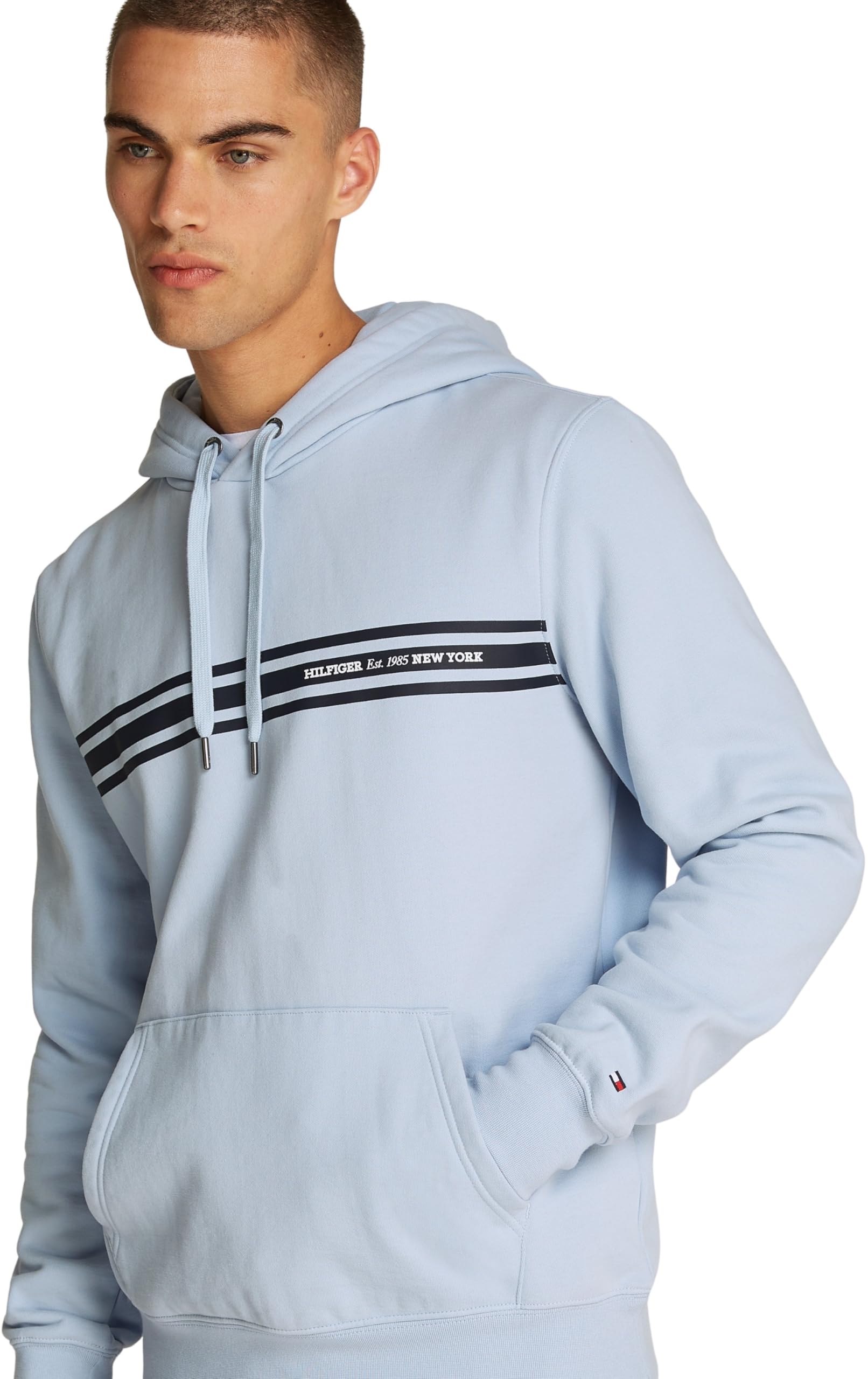 Tommy Hilfiger Męska bluza z kapturem w centralny pasek na klatkę piersiową MW0MW38332 bluza z kapturem, niebieski, L, Niebieski (Breezy Blue), L