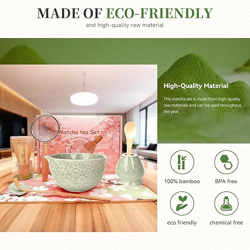 Miniatura 3 de Juego de batidor de matcha, utensilios de ceremonia de té japonés (8 piezas) con cuenco de matcha con boquilla (19 onzas), batidor de bambú,
