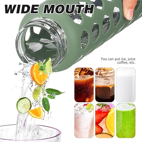 Miniatura 5 de MUKOKO Botellas de agua de vidrio, vaso de vidrio de 24 onzas con popote, botellas para beber con 2 tapas con tapa de boquilla con asa y tapa de