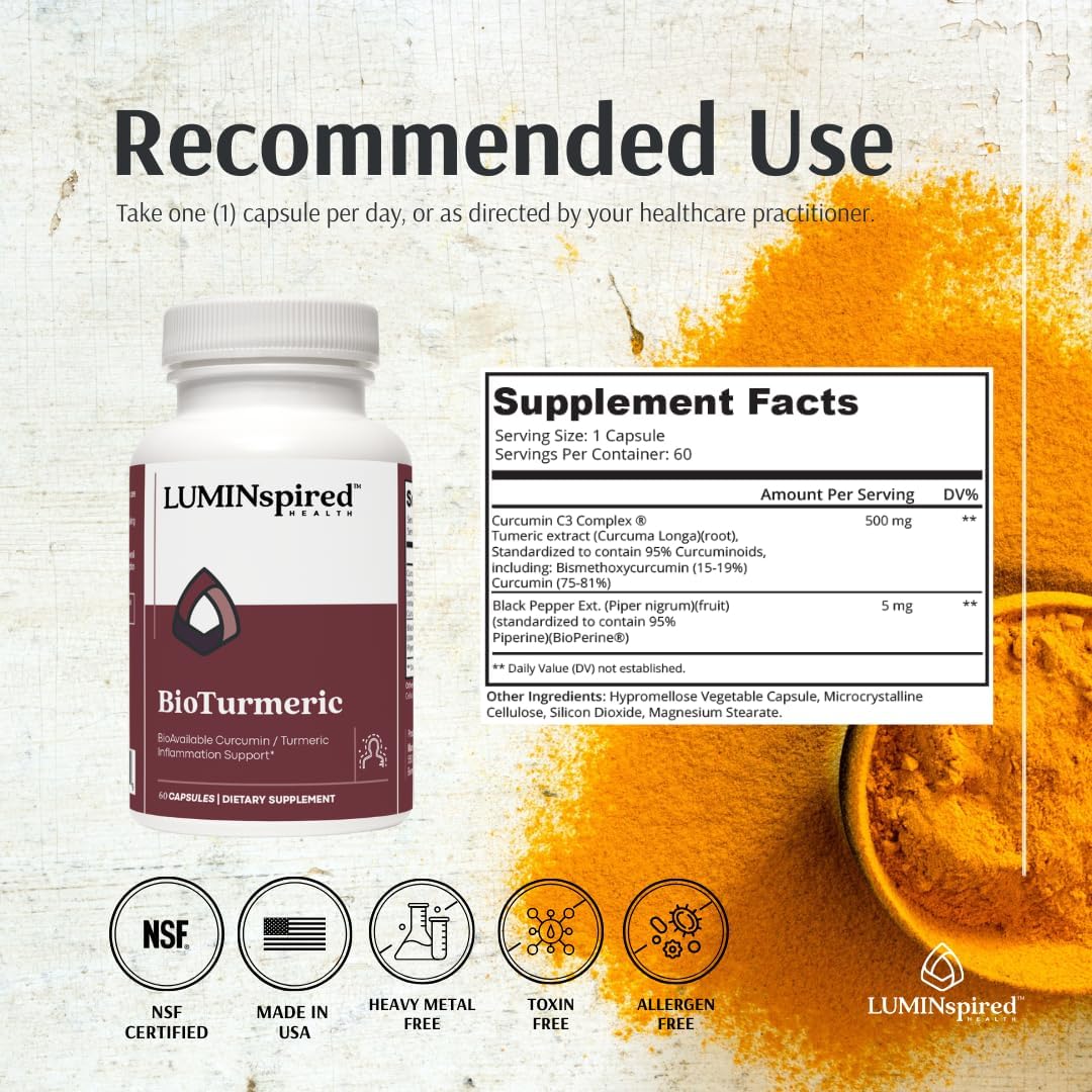 LUMINSPIRED HEALTH High Absorption Turmeric Curcumin Supplement with Black Pepper Extract for Joint Health, Antioxidant Support & Inflammation Relief, Vegan, Non-GMO, Gluten Free - 60 Counts