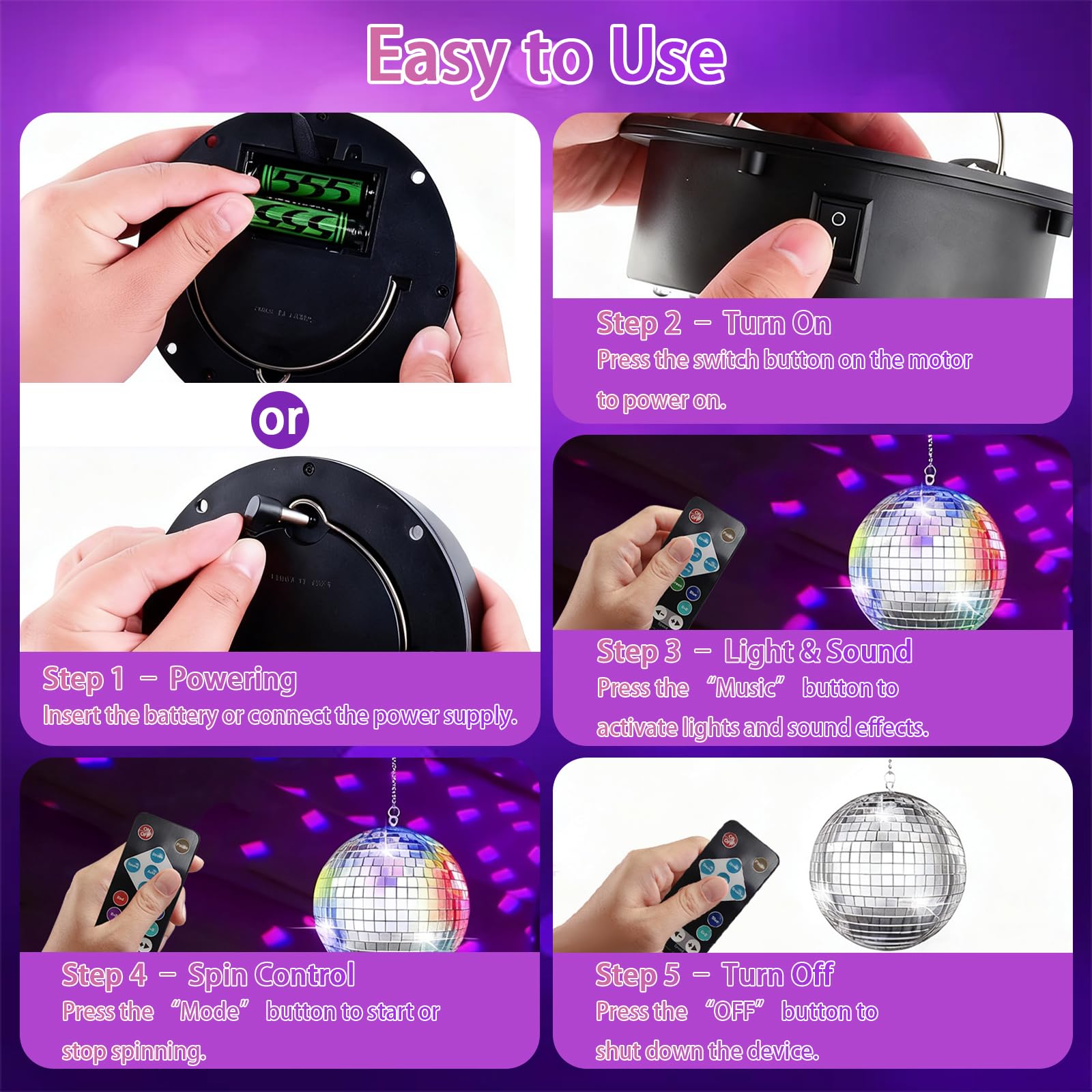 Discokugel mit Motor 20cm 6 Farbmodi 30 LED 10 U/min für Disco Party Lichteffekte