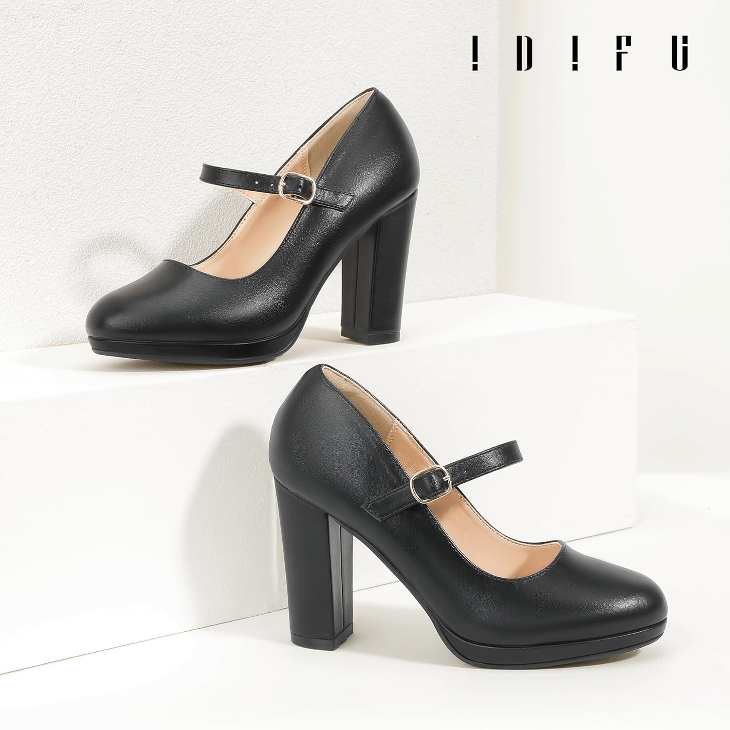 IDIFU IN4 Mary Jane Shoes Closed Toe Heels Platform High Chunky Block Heels Women's Pumps Comfortable Dress Shoes for Women Wedding Bridal Work Fashion Round Toe Pumps Shoes - Image 3