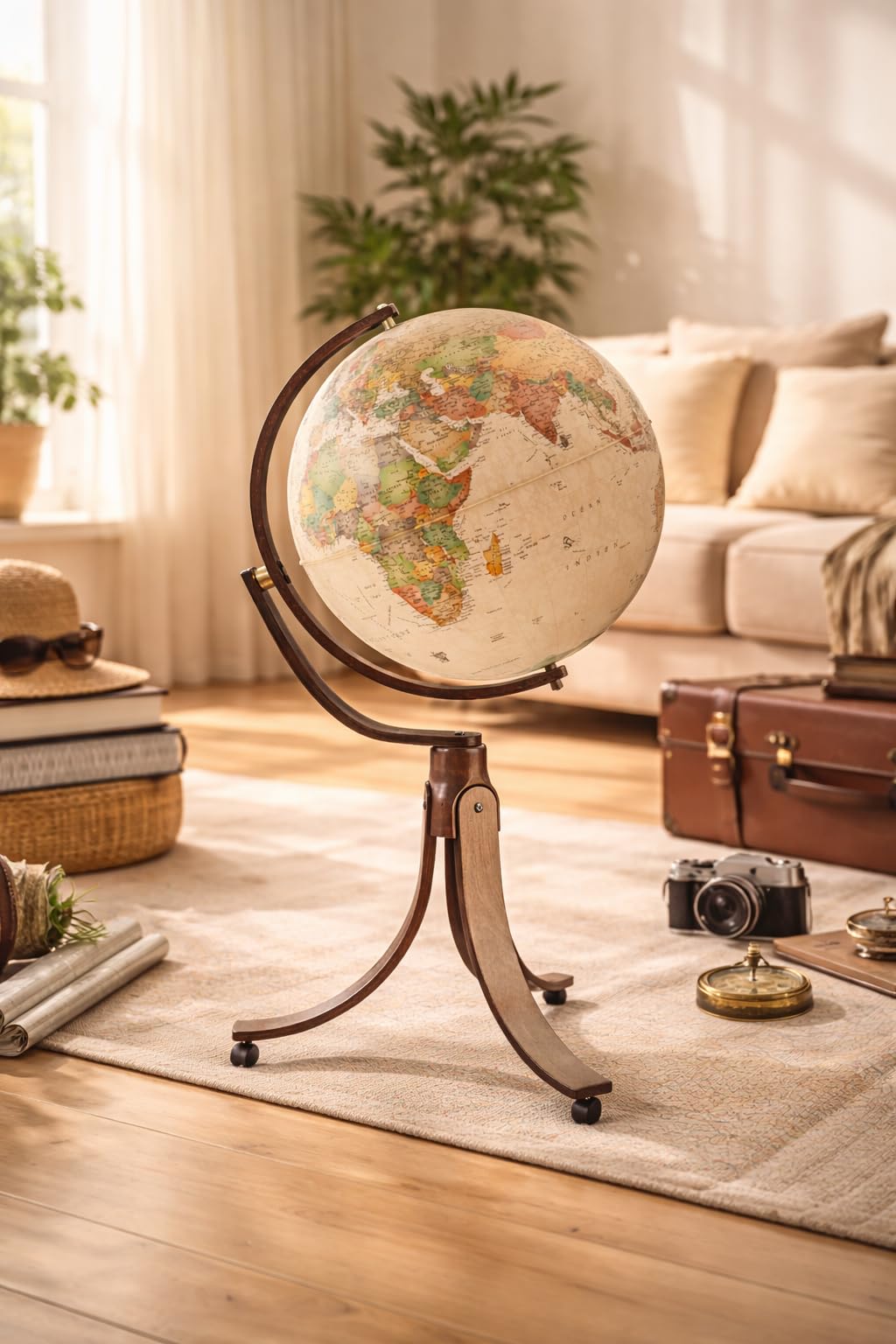 Mappamondo Luminoso da Terra con Base in Legno di Faggio, Cartografia Stile Antico, Diametro 50 cm, Altezza 103 cm, Emily Antique Progressio