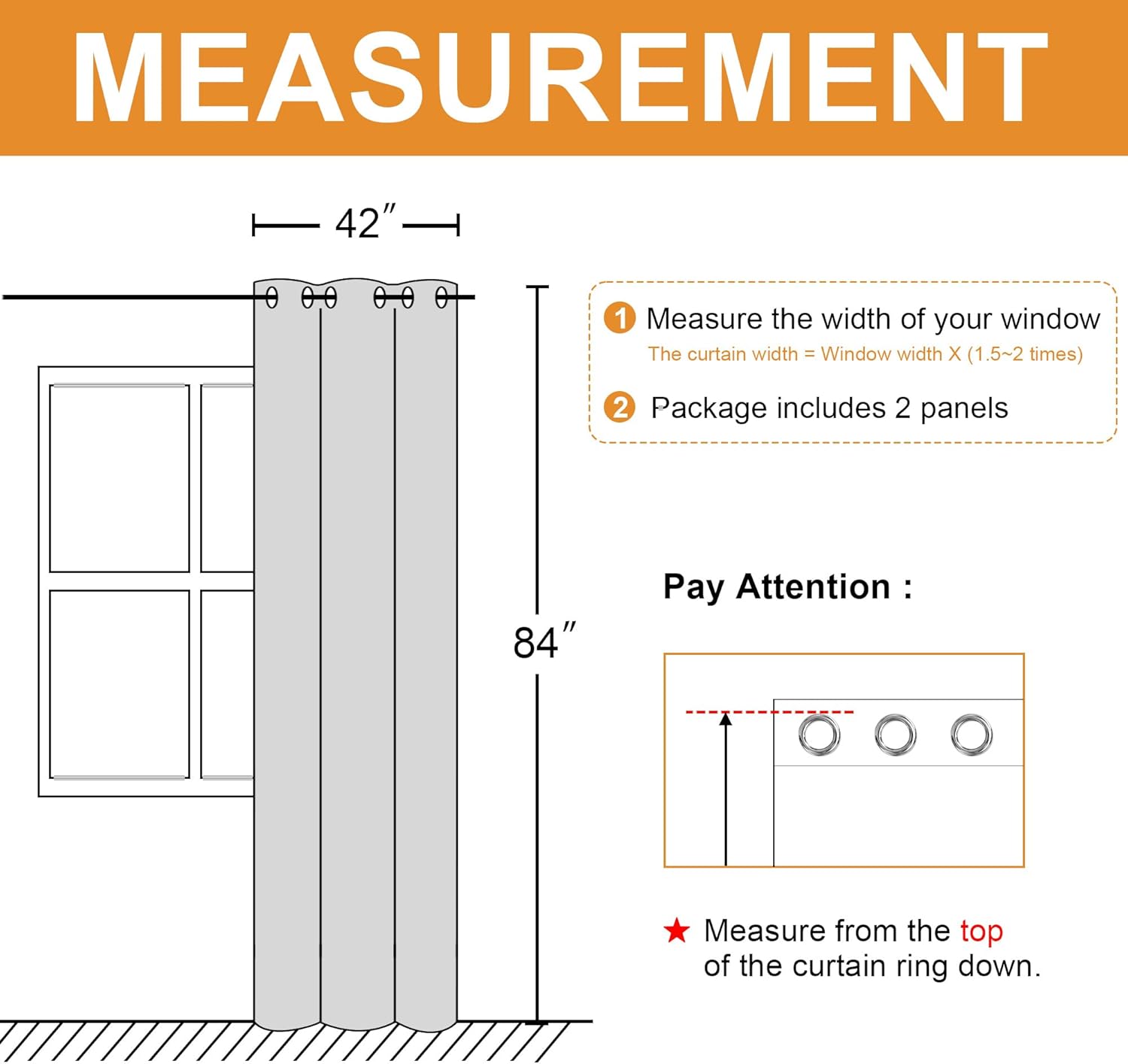 Hiasan Blackout Curtains for Bedroom, 42 x 84 Inches Long - Thermal Insulated & Light Blocking Window Curtains for Living Room, 2 Drape Panels Sewn with Tiebacks, Light Grey