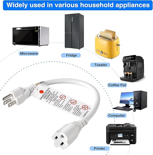Miniatura 7 de Cable de extensión resistente de 1 pie 1875 W 15 A protector de salida de 3 clavijas 14 AWG Cable de extensión de alimentación corto, blanco,