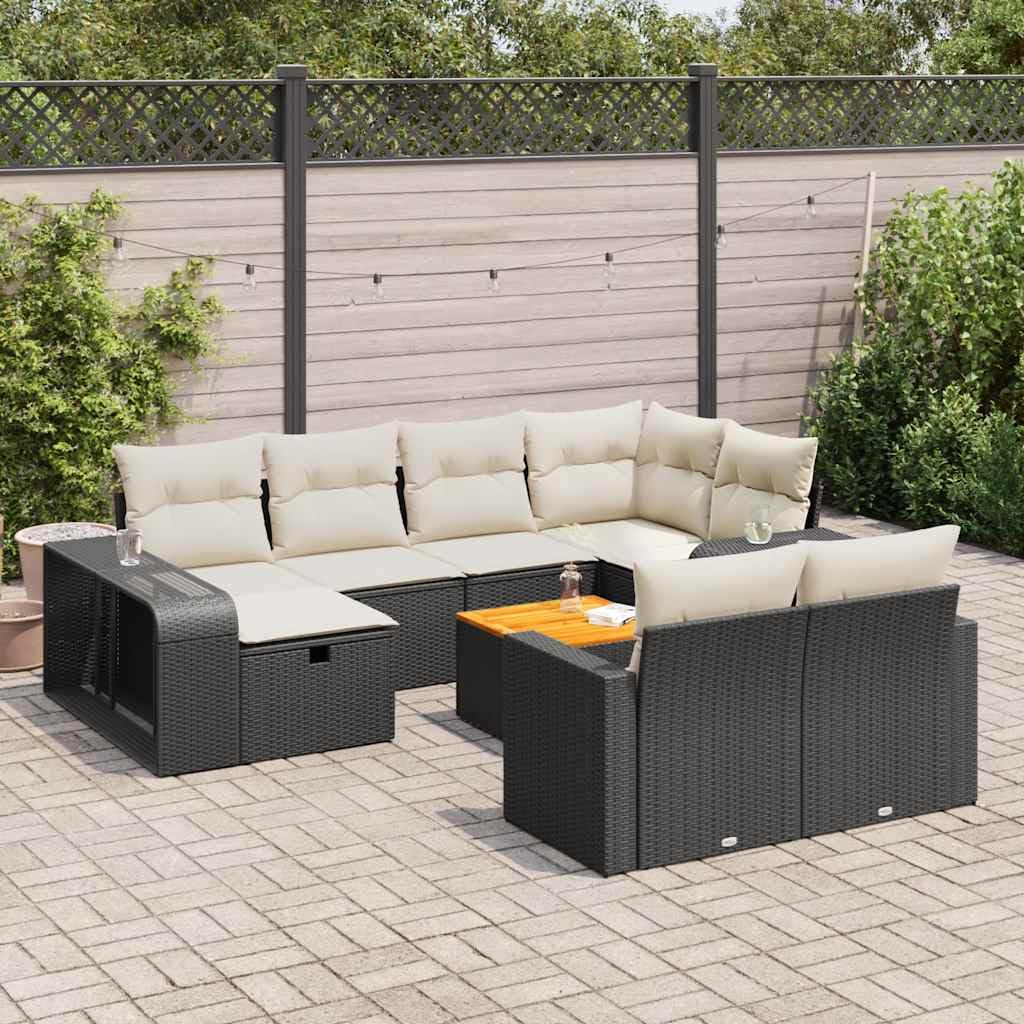 11-TLG. Garten-Sofagarnitur aus schwarzem Poly Rattan mit Kissen, wetterfestes Polyrattan Geflecht, Lounge Sitzgruppe für Terrasse Balkon und Wintergarten, inkl. Tisch, Stuhl, Regal