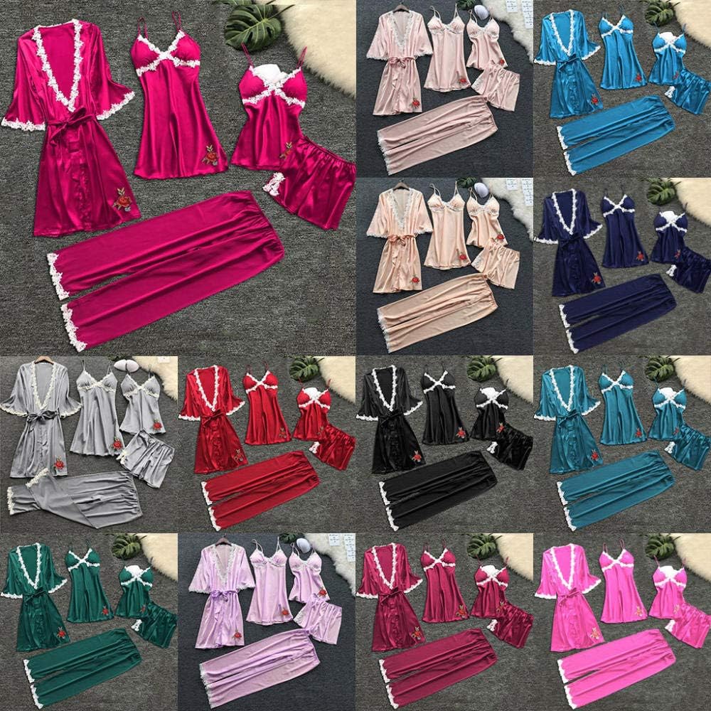Women's Petite Lingerie Sets Women Pajamas Sets Faux Silk Pajamas Sleepwear Sets Elegant Sexy Lace Homewear V Neck-Blue_L