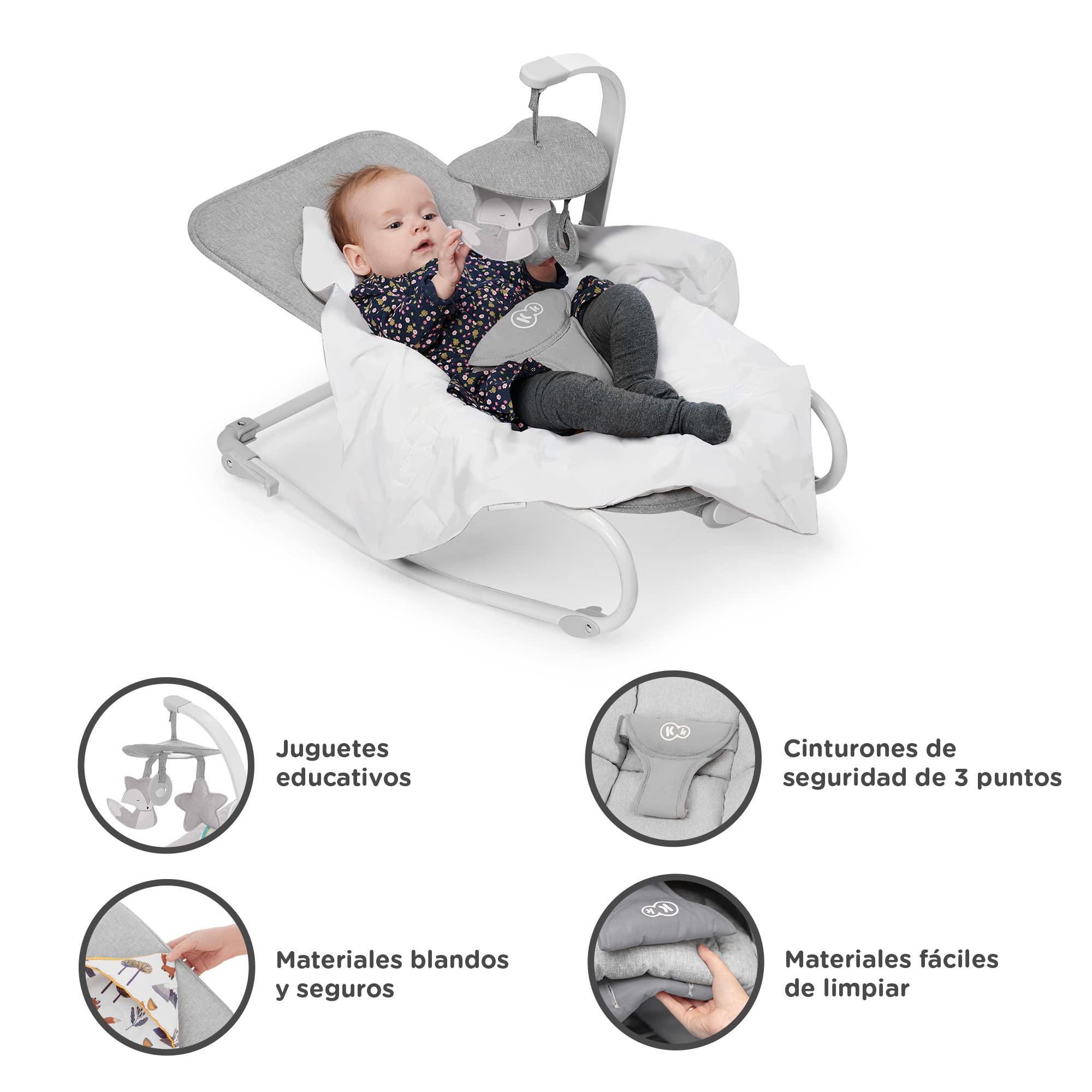 Kinderkraft FELIO2 Hamaca Bebé, Balancín, Silla mecedora con manta envolvente, mosquitera y arco con 3 juguetes, vibraciones, 8 músicas, extremadamente ligera, Gris