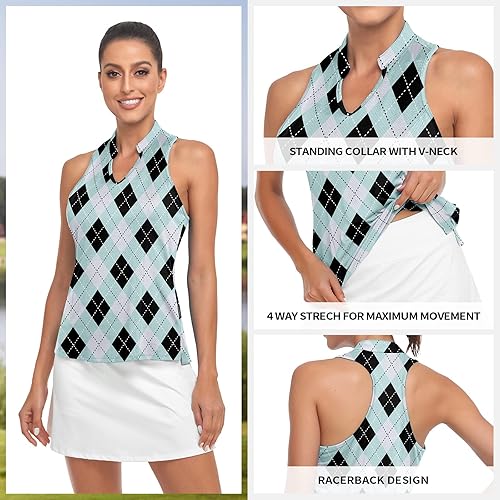 Miniatura 2 de Soneven Camisas de golf sin mangas para mujer, con estampado que absorbe la humedad, cuello en V, camisetas polo de golf con espalda cruzada