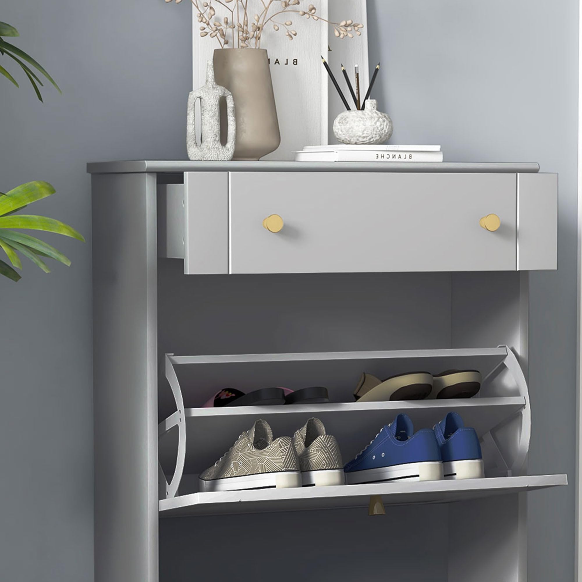 HOMCOM Scarpiera stretta scarpiera ingresso corridoio con 2 cassetti pieghevoli e 1 cassetto estraibile per 8 paia di scarpe per corridoio 60 x 23,5 x 98,5 cm grigio