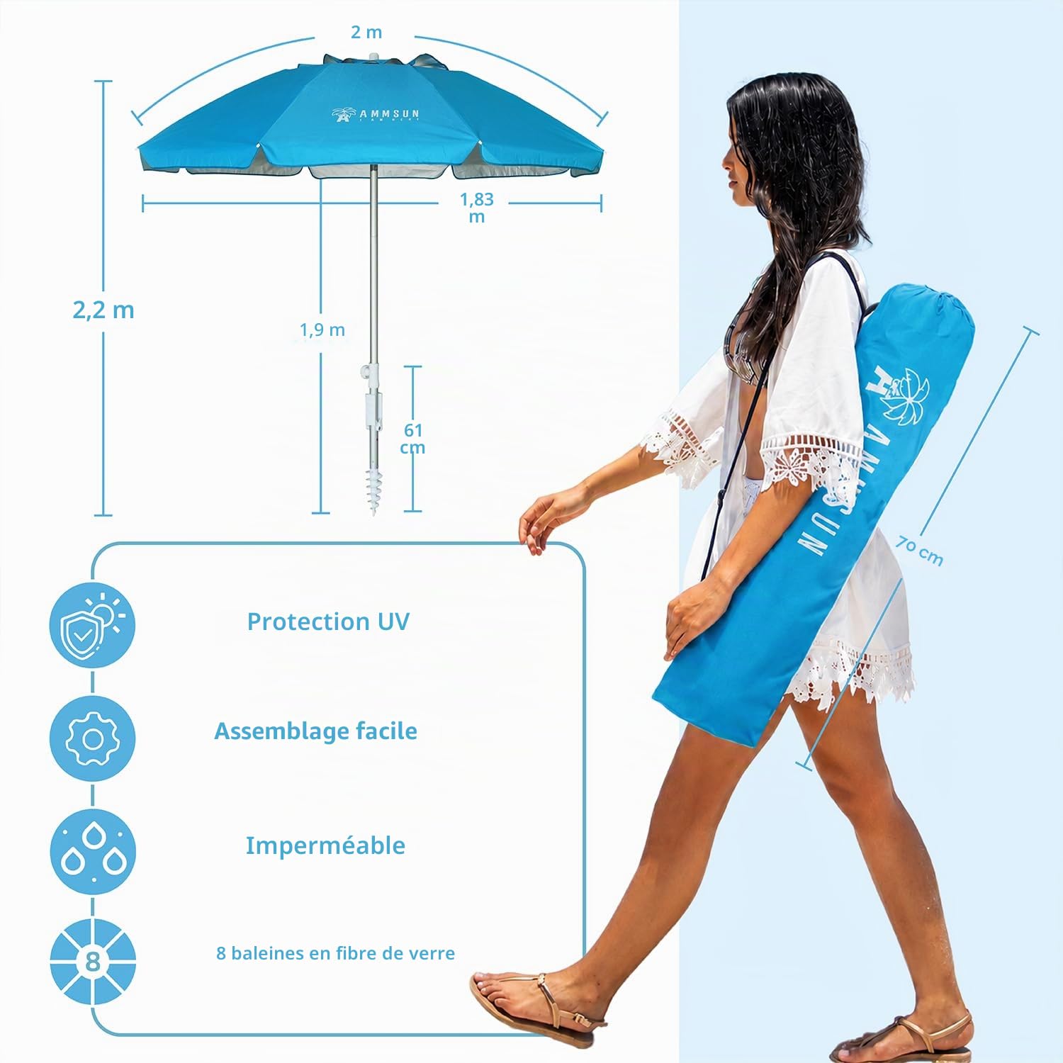 AMMSUN Parasol de plage portable compact de 2 m avec ancre de sable, coupe-vent, bouton poussoir d'inclinaison et grille d'aération, protection UV 50+, tient dans une grande valise pour voyage,