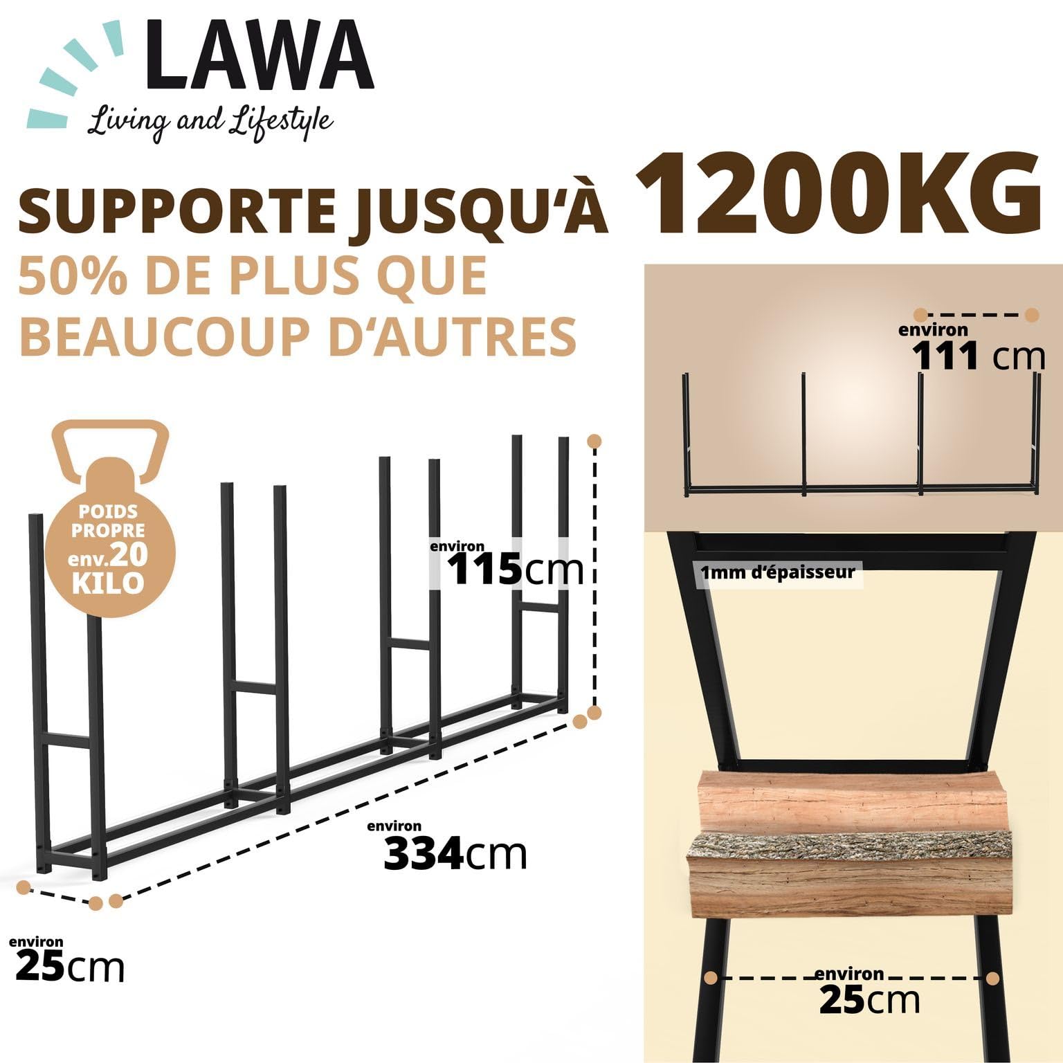 LAWA Range-bûches extérieur métal galvanisé 335 x 25 x 115 cm