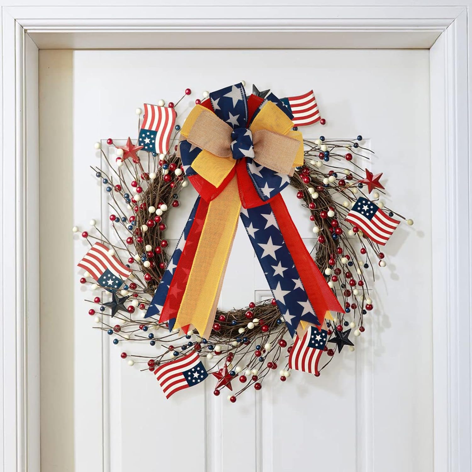 Meseey 1 Pcs Large Red and Blue Patriotic Bow Yellow Deployment of Troops Ribbon Bow for Bunting Wreath Holiday Independence Day 4th of July Party Door Wall Decoration (Patriotic)