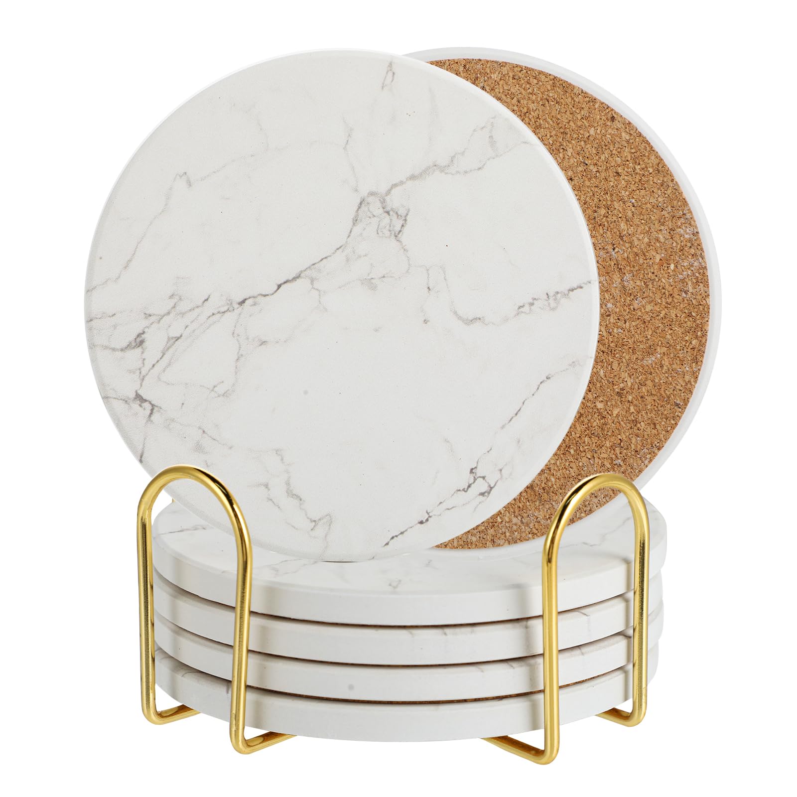 Posavasos con Soporte - Juego De 6 Posavasos Absorbentes - Coasters - Base Antideslizante - Absorción Rápida De Agua - Diseño De Mármol